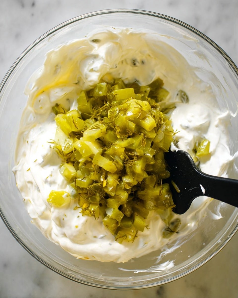 The image shows a clear glass bowl with a white creamy base layer spread evenly at the bottom and sides. On top of this creamy layer is a pile of small, chopped pieces of bright green pickles with visible dill bits mixed in. A black spatula is partially scooping the pickle mixture, creating texture contrast between smooth cream and chunky pickles. The background and surface are a white marbled texture. photo taken with an iphone --ar 4:5 --v 7