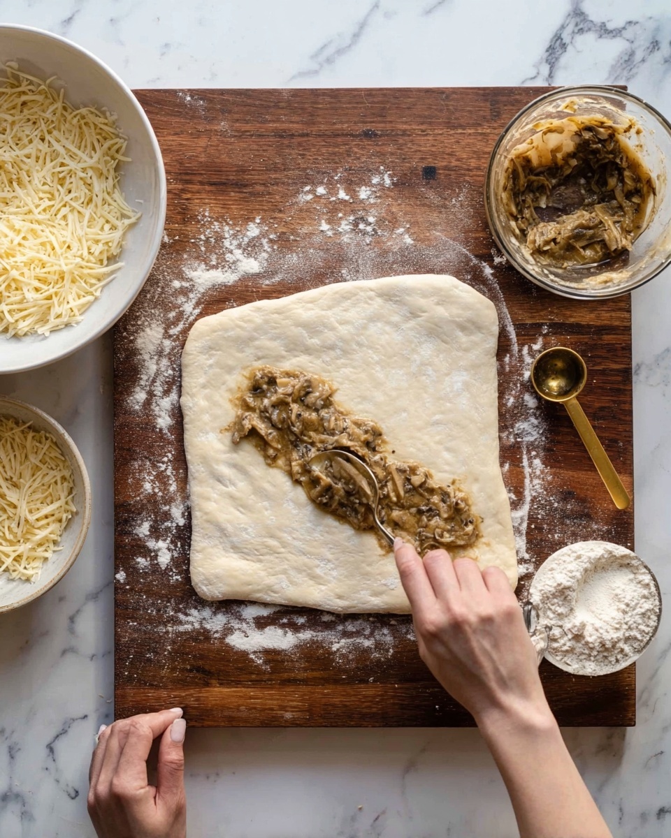 A square piece of dough is spread flat on a wooden board with some flour scattered around. In the middle of the dough, there is one thin layer of a brownish mushroom mixture being spread horizontally by a woman's hand using a small spoon. To the left of the dough, there is a white bowl filled with shredded cheese and another clear bowl containing more of the brown mixture, held by the woman's other hand. On the right side of the board, a small gold measuring cup with some flour is placed on a white marbled surface photo taken with an iphone --ar 4:5 --v 7