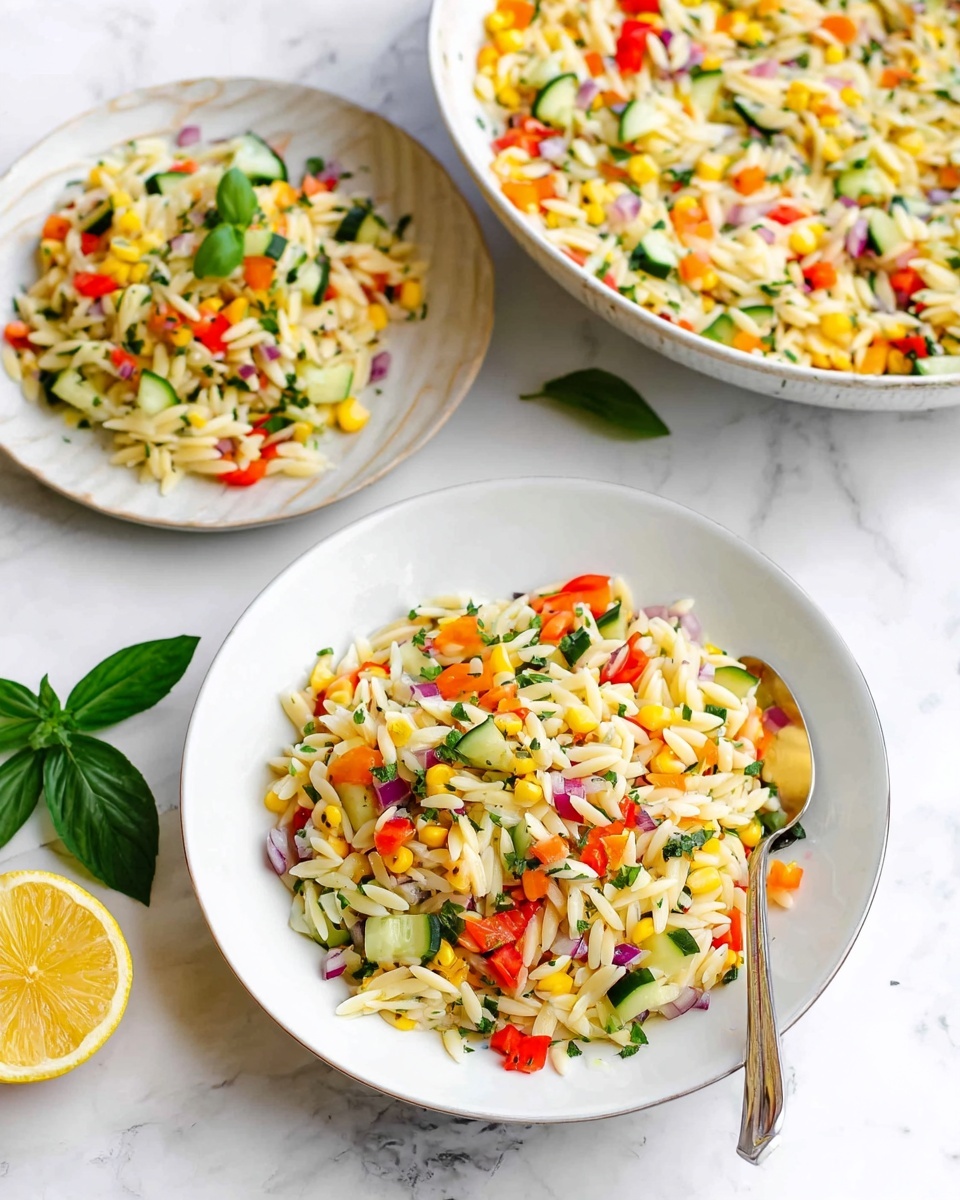 The image shows a white plate in front filled with a colorful orzo pasta salad that has small pieces of orange, red, and yellow bell peppers, green cucumber, red onion, and fresh green herbs mixed throughout. Behind it, there is another white plate with a smaller serving of the same salad, and further back, a large white bowl holds the remaining salad with a light brown wooden spoon resting inside. On the white marbled surface around the plates, there is half a lemon and a few scattered fresh green basil leaves. The scene is bright and fresh, highlighting the vibrant colors and textures of the salad. Photo taken with an iphone --ar 4:5 --v 7