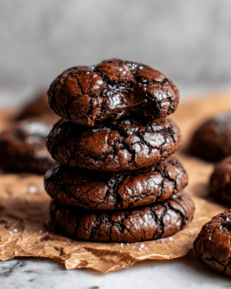 The image shows a stack of four dark brown chocolate cookies with a cracked, shiny surface revealing a soft, moist inside. The top cookie is slightly tilted, resting on the others that lie flat. Around the stack are more cookies placed on crumpled brown parchment paper, all with similar cracked textures. The background features a white marbled surface with a soft focus, adding a clean and simple look. The warm lighting highlights the rich, dense texture of the cookies. Photo taken with an iphone --ar 4:5 --v 7