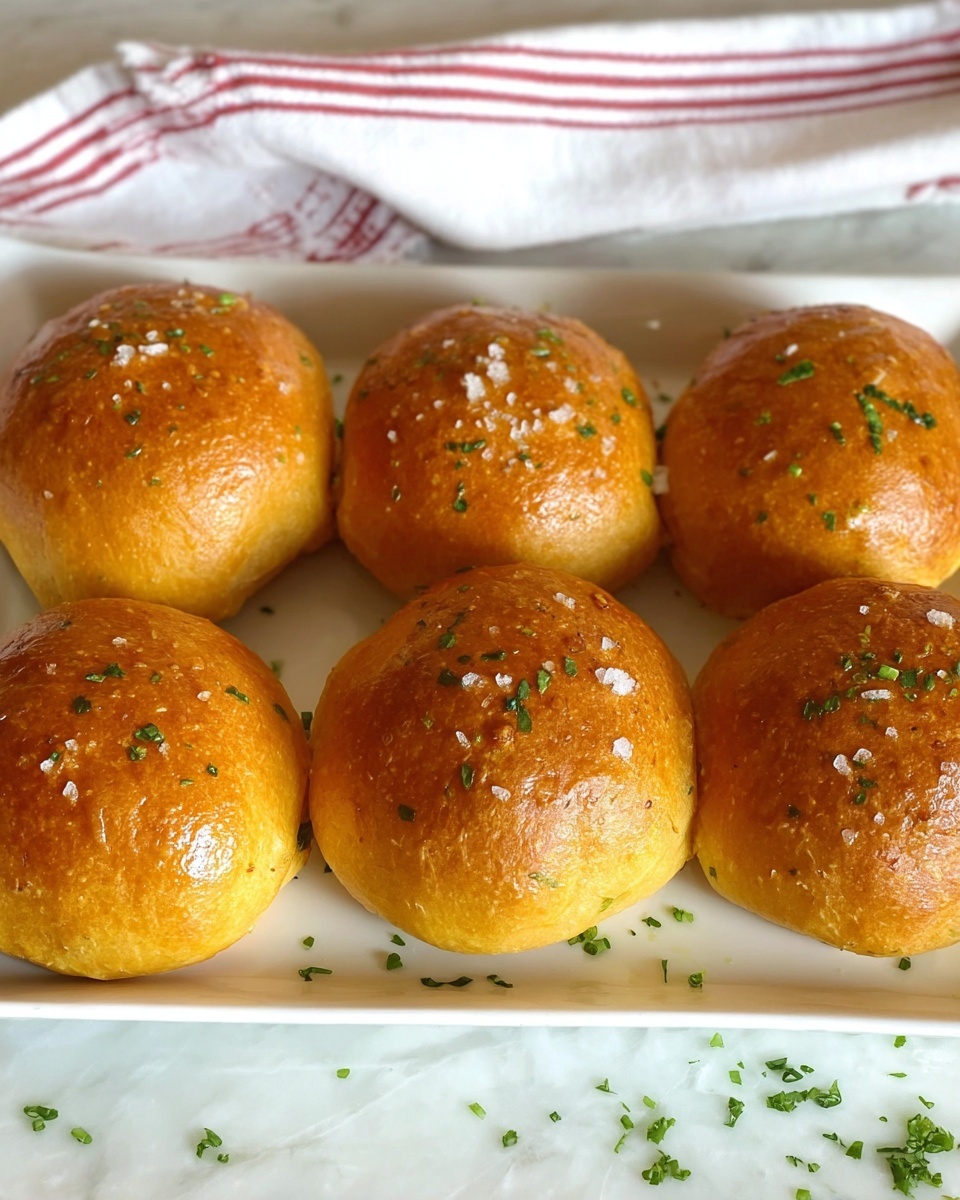The image shows a white rectangular plate holding eight round golden brown bread rolls arranged in two rows of four. Each roll has a smooth, shiny, slightly crisp top sprinkled with small green herb pieces and a few grains of coarse salt, which add texture and color contrast. The bread surface reflects light, highlighting its freshness. Tiny scattered green herb bits are also on the white marbled table around the plate. In the background, a white cloth with red stripes is partly visible. The photo taken with an iphone --ar 4:5 --v 7