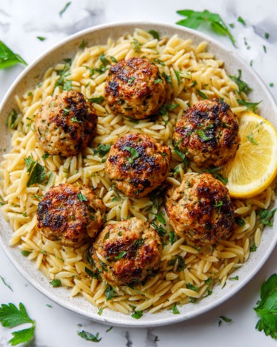 The image shows a white plate filled with a single layer of light golden orzo pasta, spread evenly across the plate. On top of the orzo, there are seven golden-brown grilled or baked meatballs, each with a slightly crispy and textured surface showing bits of herbs or spices. Around the plate, fresh green herbs are scattered for garnish, adding a touch of color. A wedge of bright yellow lemon is placed at the edge of the plate. The plate is placed on a white marbled surface, and a woman's hand is partially visible near the top edge. Photo taken with an iphone --ar 4:5 --v 7