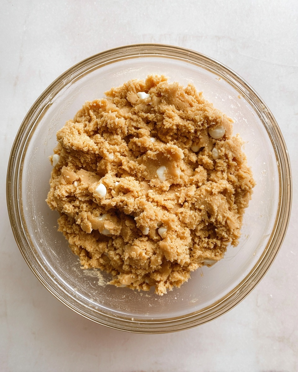 A clear glass bowl containing a mixture of chunky, light brown dough with visible small white pieces spread throughout. The dough has a rough, crumbly texture and appears well-mixed but not smooth. The bowl is placed on a white marbled background. photo taken with an iphone --ar 4:5 --v 7
