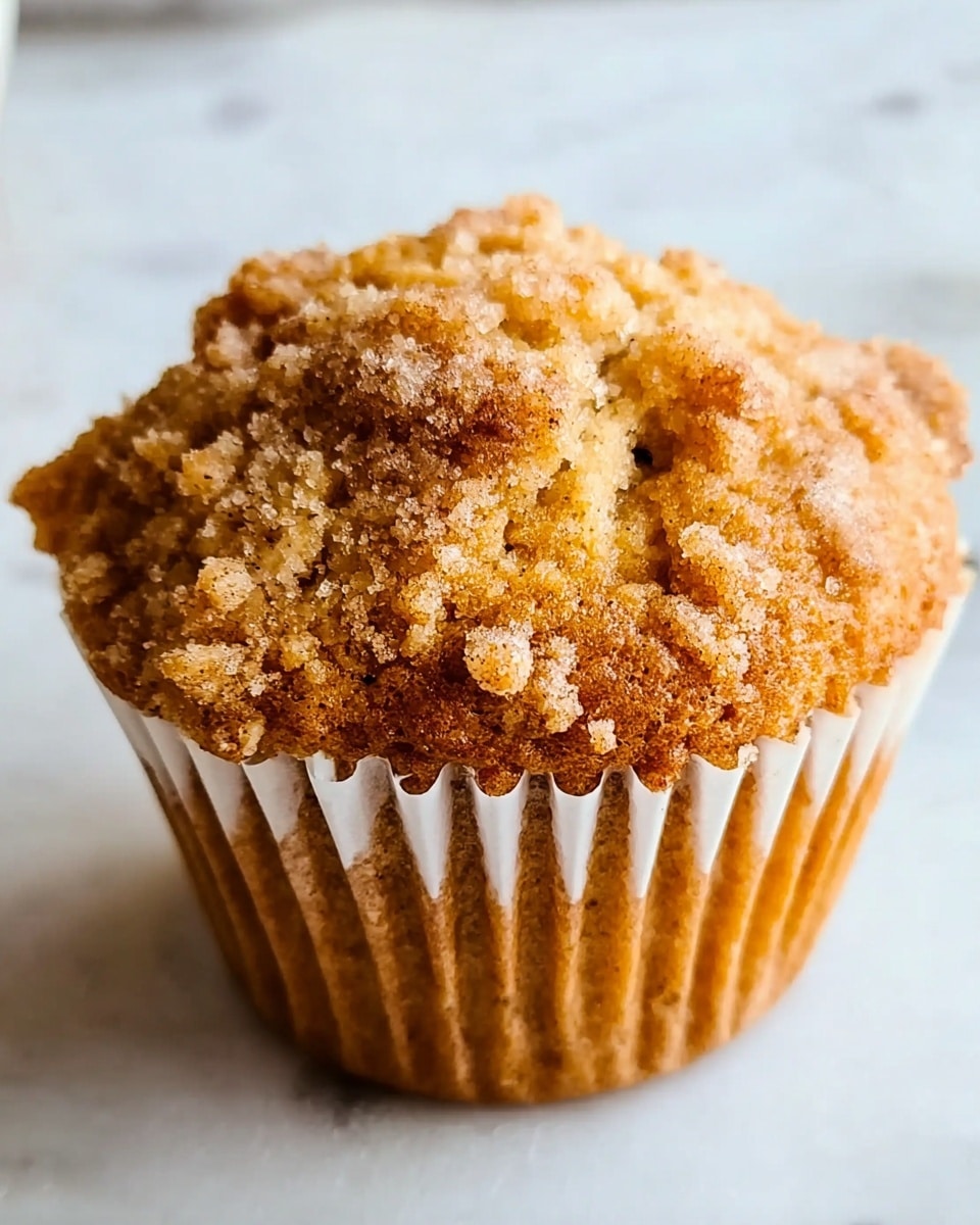 The image shows a close-up of a single muffin with a golden brown top that has a crumbly texture and slightly uneven surface. The muffin sits inside a white paper cup with soft ridges around the edges. The background is a white marbled texture, giving a clean and bright look. Photo taken with an iphone --ar 4:5 --v 7
