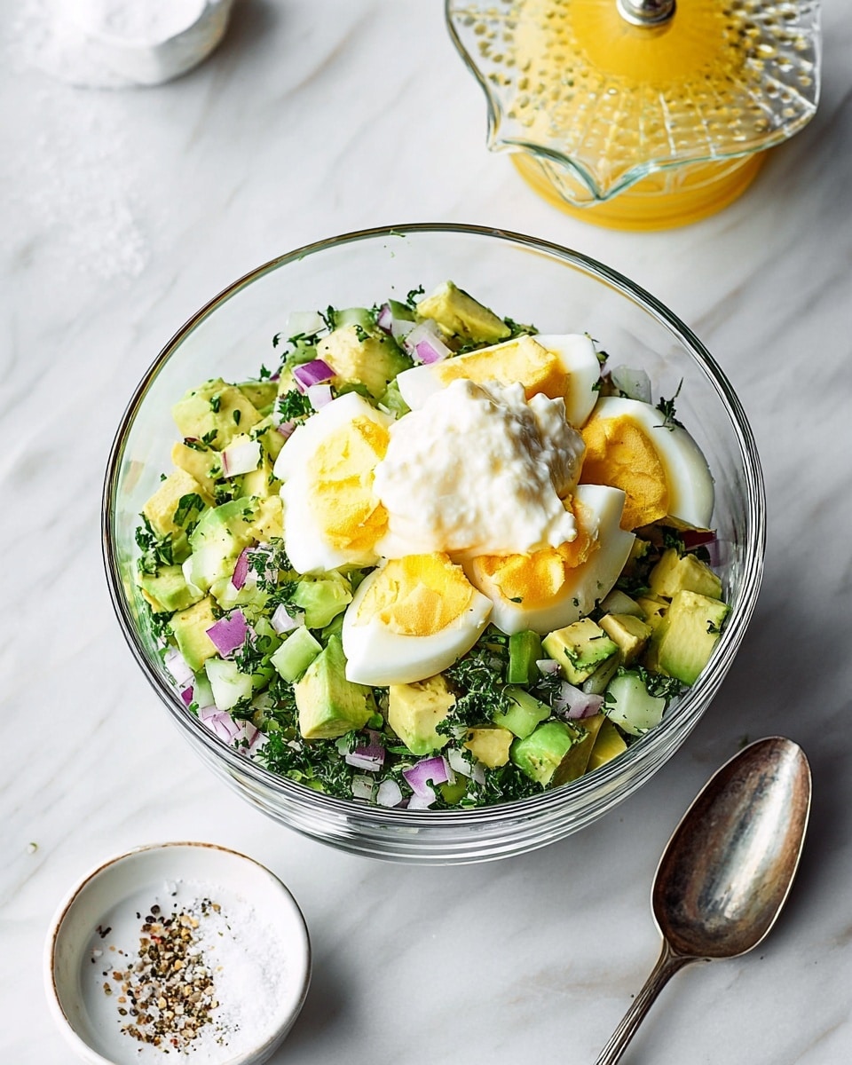 A clear glass bowl sits on a white marbled surface, filled with layers of diced avocado in light green, chopped dark green herbs, finely chopped purple onion, and roughly chopped hard-boiled eggs with bright yellow yolks and white edges. On top, there is a dollop of creamy white mayo, and some coarse white salt and black pepper sprinkled nearby. Above the bowl, a clear glass lemon juicer with a yellow lemon half is partially visible. A silver spoon rests to the right of the bowl, and a small white ceramic dish with salt and pepper is placed near the bottom left. Photo taken with an iphone --ar 4:5 --v 7