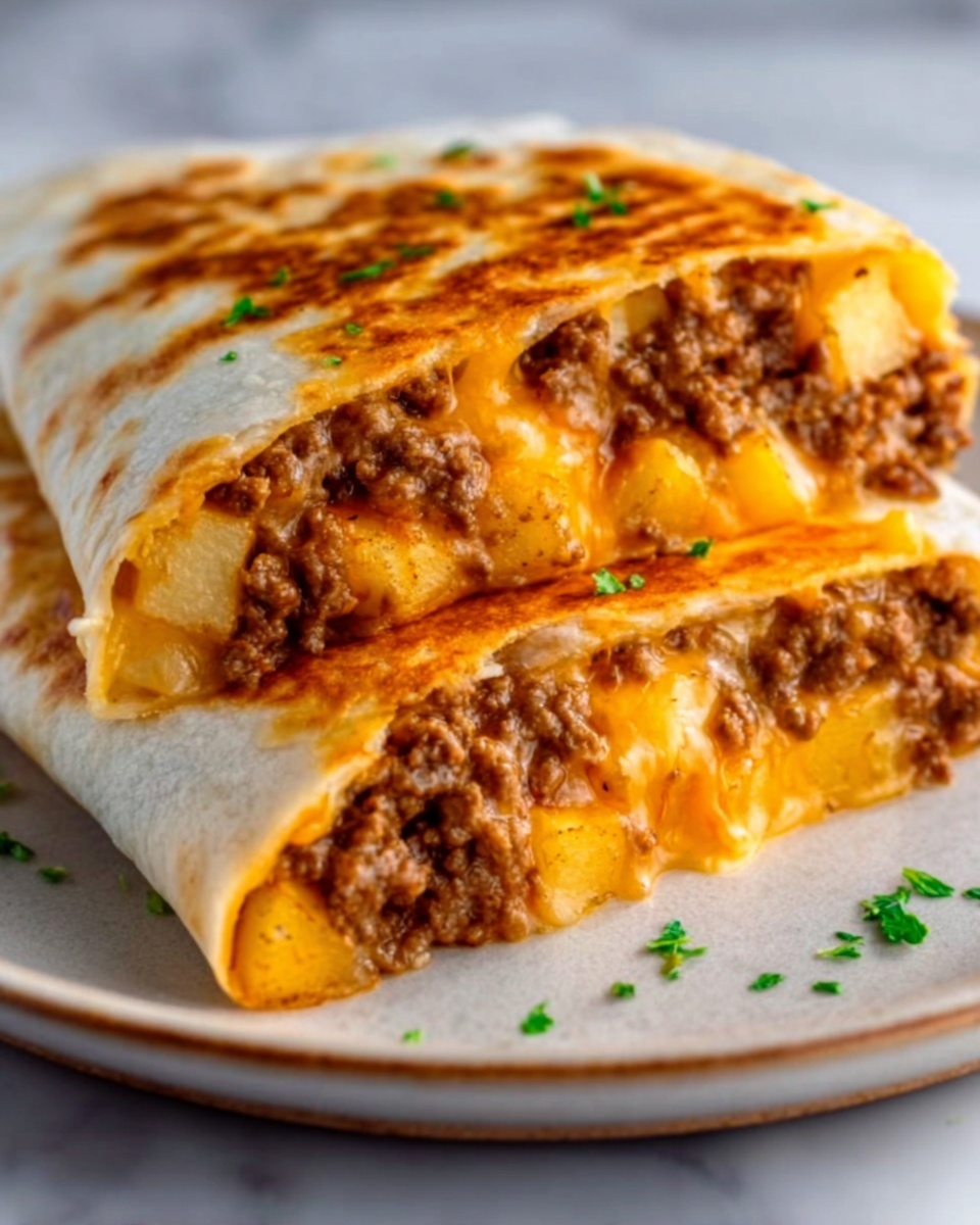 A close-up of a quesadilla cut in half, showing two layers inside: the first layer is a golden melted cheese with a smooth, creamy texture, and the second layer is browned ground meat mixed with small diced orange potatoes. The quesadilla has a slightly crispy, golden-brown grilled tortilla outside with light charring marks. The two halves are placed on a white plate, sitting on a white marbled surface, with some green garnish sprinkled on top. Photo taken with an iphone --ar 4:5 --v 7