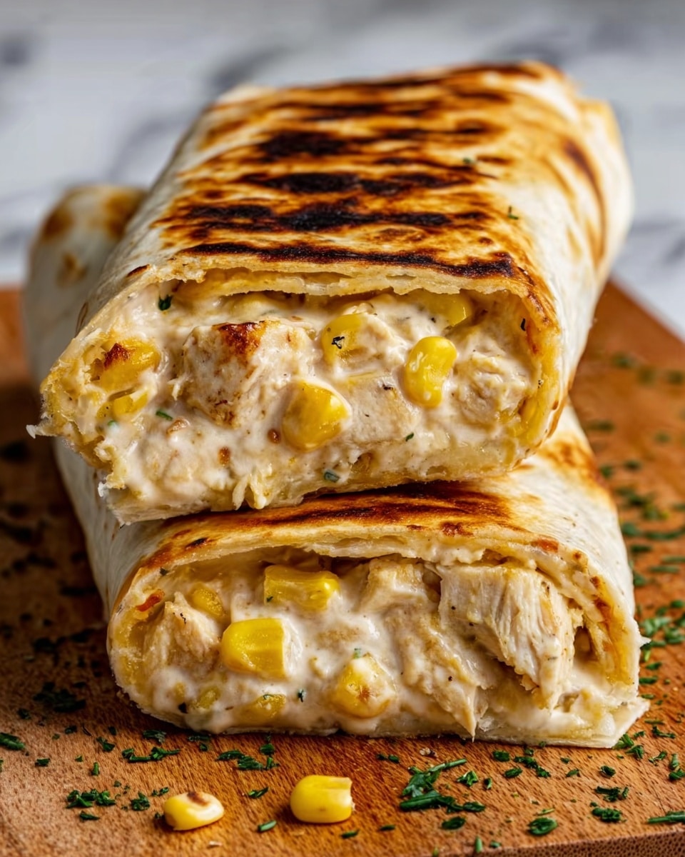 The image shows two stacked, toasted wraps on a wooden surface with some green garnish sprinkled on top. The wraps have a golden-brown grilled texture with some darker spots, and inside you can see a filling made of creamy white sauce mixed with pieces of light-colored chicken and yellow corn kernels. The wraps are cut in half, showing the layers of soft tortilla, creamy filling, and chunks of chicken and corn. The background has a soft focus with a white marbled texture beneath the wraps. Photo taken with an iphone --ar 4:5 --v 7
