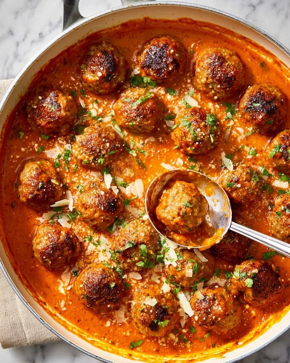A white round pan filled with about 20 brown meatballs cooked in a thick orange-red sauce, sprinkled with small bits of green herbs and tiny white cheese shavings on top. A silver spoon on the right side of the pan is scooping up some sauce with a meatball, showing the sauce’s smooth texture. The pan sits on a white marbled surface. photo taken with an iphone --ar 4:5 --v 7