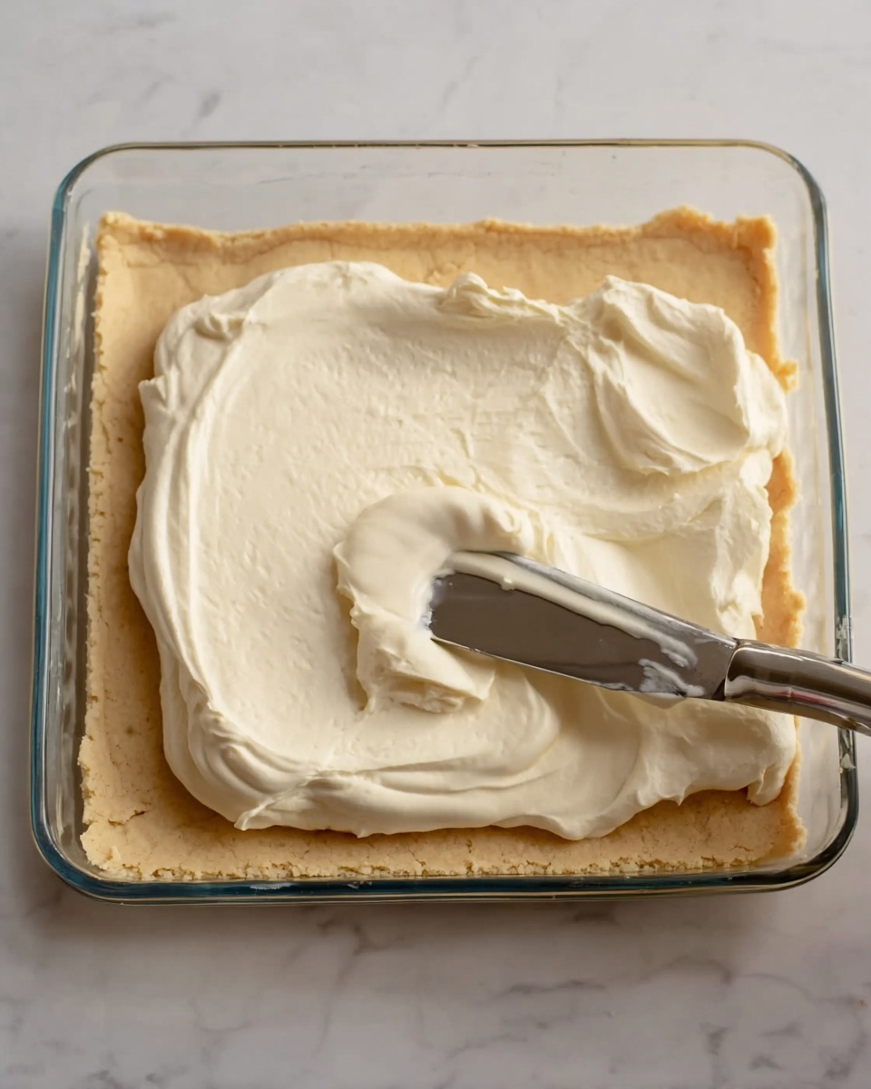 A clear rectangular glass baking dish holds a thick, light tan crust layer pressed flat and covering the entire base with slightly folded edges. On top of the crust, a large dollop of smooth, pale cream filling is placed near the center. A metal spatula with a shiny silver blade is nestled in the cream, creating visible soft peaks and swirls. The dish rests on a white marbled surface. photo taken with an iphone --ar 4:5 --v 7