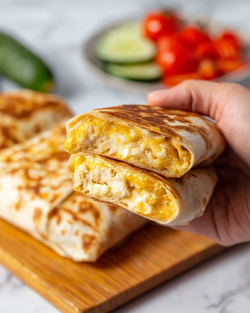 A close-up shows a woman's hand holding a cut wrap with three visible layers: a light golden toasted outer tortilla with a slightly crispy texture, inside a thick melted yellow cheese layer, and below it a creamy white layer with small bits of chicken. Behind, whole folded wraps with the same toasted golden pattern are on a wooden board, placed on a white marbled surface. In the background, blurred vegetables like red tomatoes and green cucumbers are slightly visible on a white plate photo taken with an iphone --ar 4:5 --v 7