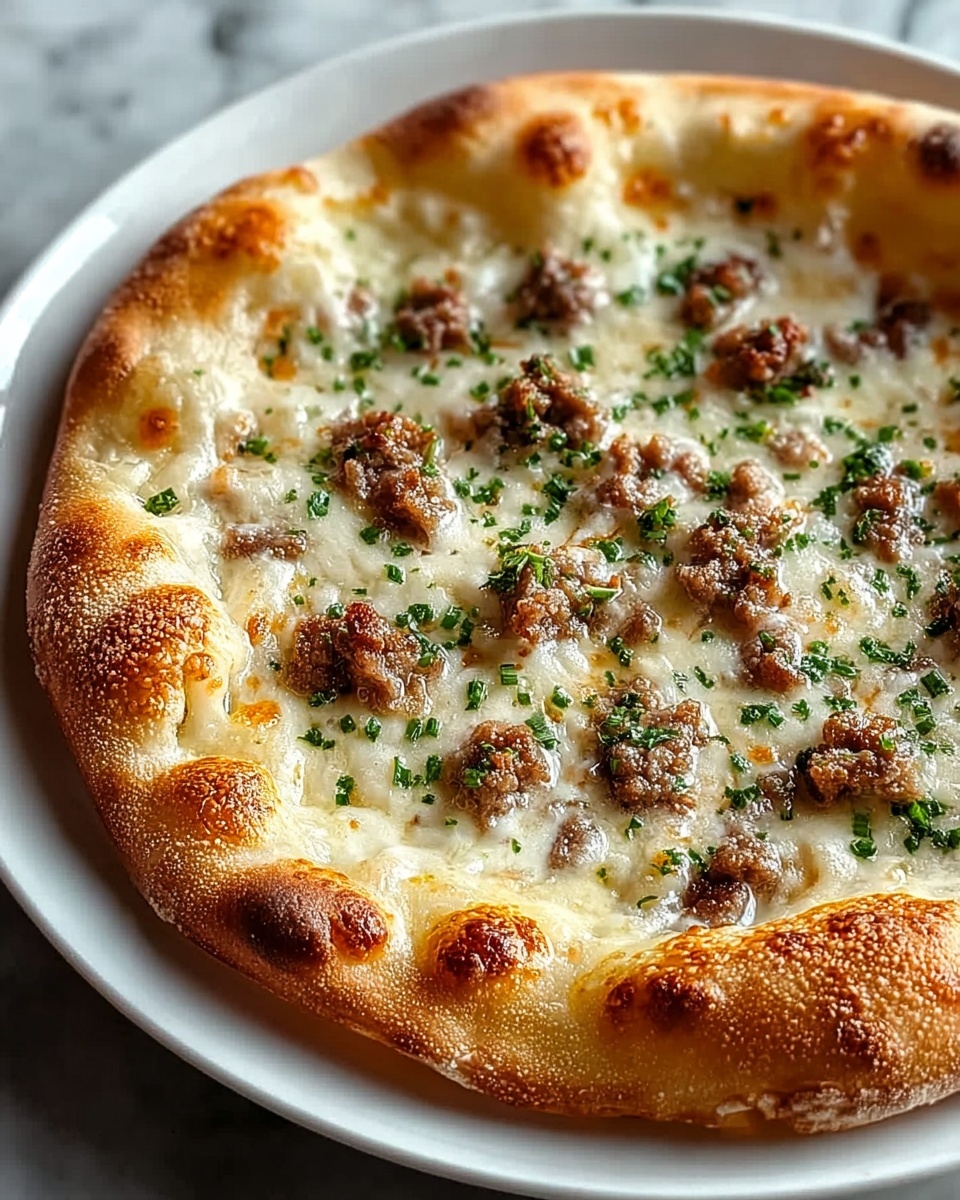 A close-up view of a biscuit with a light beige color on the bottom as the base layer, topped with a thick, creamy gravy layer filled with small chunks of browned sausage and specks of black pepper, the gravy spreading over the biscuit edges slightly, all placed on white parchment paper over a white marbled surface. photo taken with an iphone --ar 4:5 --v 7