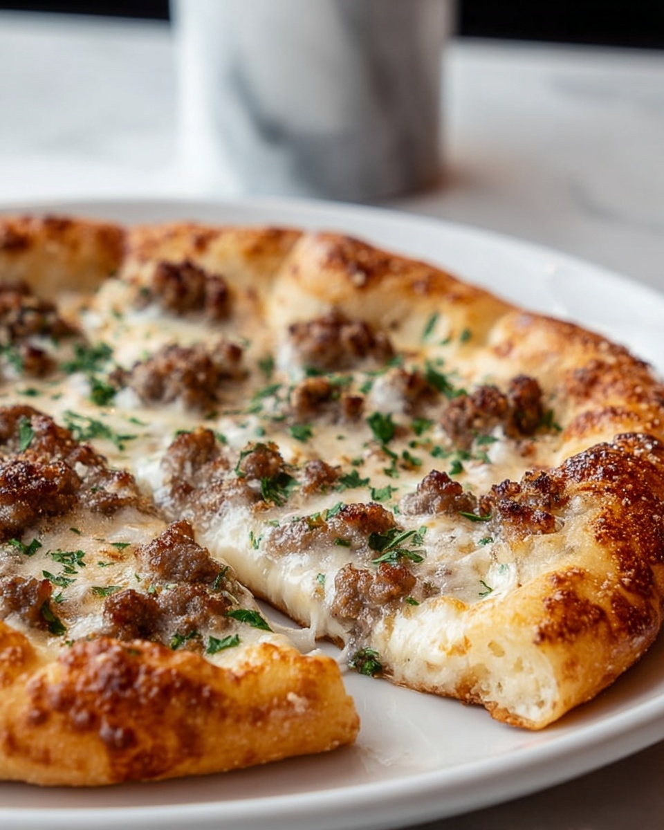 A white plate holds a close-up of a pizza with a thick, golden-brown crust that looks soft and slightly puffy. The pizza has two layers: a melted white cheese layer covering the surface and chunky, browned sausage pieces scattered evenly on top. Small green herb specks are sprinkled over the cheese and sausage, adding color and texture. The edges show the crust’s light golden color with a slight shine. The background features a white marbled surface and a blurred marble cup. Photo taken with an iphone --ar 4:5 --v 7