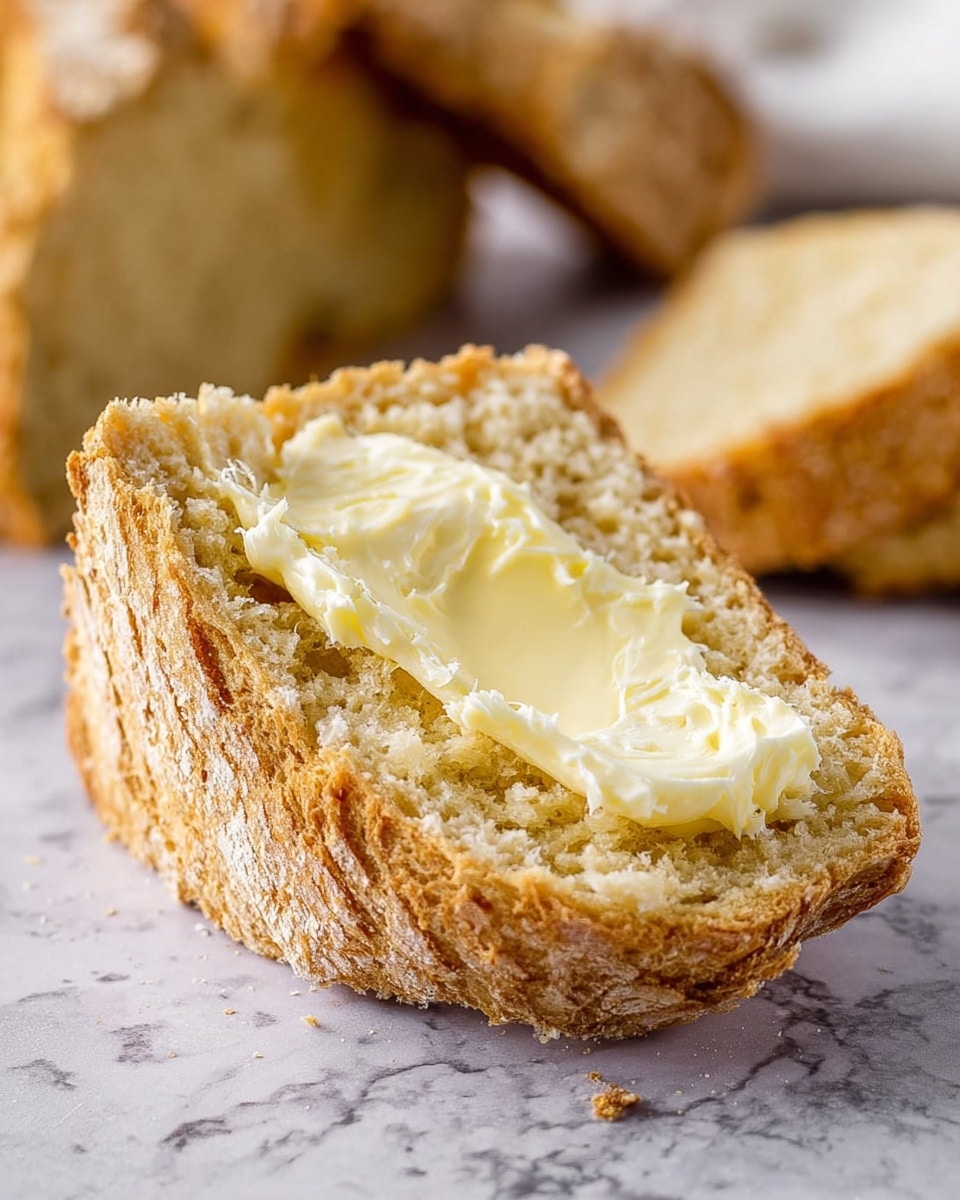The image shows a close-up of a slice of golden brown bread with a rough, crunchy crust and soft, fluffy inside. The slice is spread with a creamy layer of melted pale yellow butter that glistens on the surface. Behind it are other pieces of the same bread blurred in the background. The bread is placed on a white marbled textured surface. Photo taken with an iphone --ar 4:5 --v 7