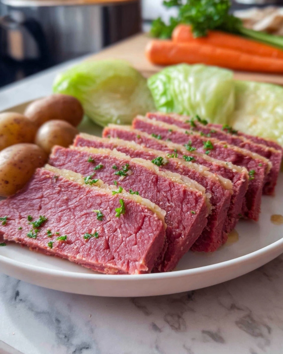 A white plate holds about six thick slices of cooked corned beef, arranged side by side with a pinkish hue and a light layer of fat on the edges, sprinkled lightly with chopped parsley. To the left, there are small round brown potatoes with a smooth texture, and in the background, a few whole cooked carrots with a bright orange color rest with a sprig of green parsley on top. Behind the corned beef slices, some pale green cabbage leaves lay partially visible, creating a soft backdrop to the main dish. The plate sits on a white marbled surface with a blurred kitchen setting behind it, captured in warm natural light, photo taken with an iphone --ar 4:5 --v 7
