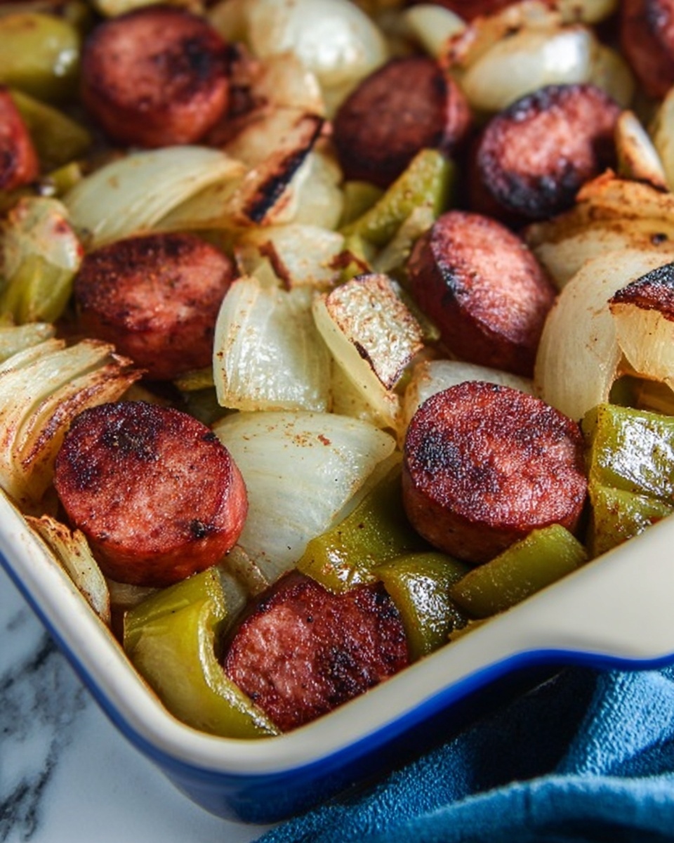 A white rectangular baking tray filled with several layers of cooked food, starting with a base of cubed golden-brown potatoes, orange carrot slices, and light green zucchini pieces. On top, there are thick round slices of browned sausage scattered evenly. Small green herb bits are sprinkled over the dish, adding color contrast. The tray sits on a white marbled surface with a soft background showing blurred silver spoons and a white cloth. Photo taken with an iphone --ar 4:5 --v 7