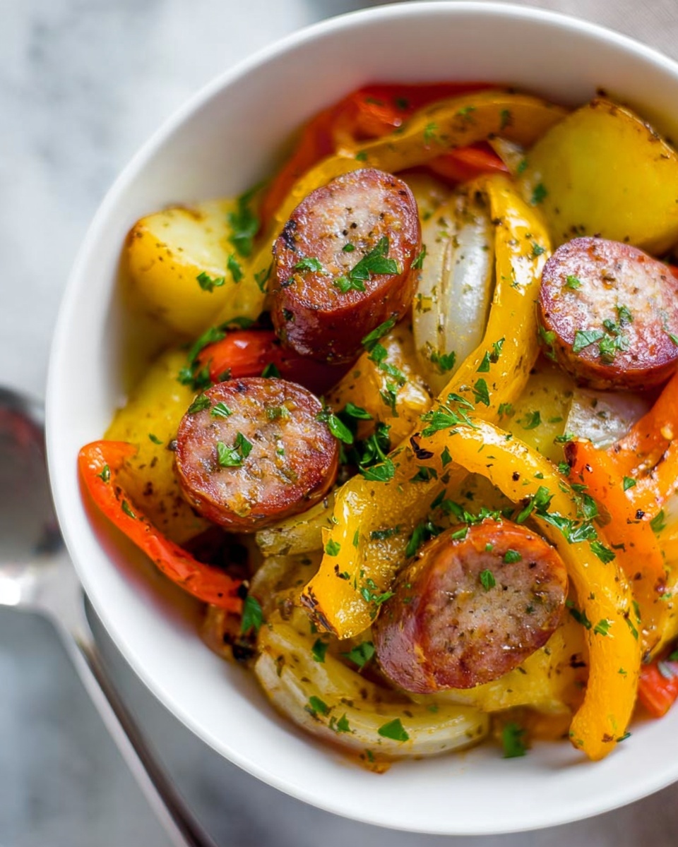 A white bowl filled with three slices of browned sausage placed on top of a mix of roasted vegetables, including golden-yellow potatoes, orange and yellow bell pepper strips, and pieces of onion. The vegetables are slightly charred, showing hints of black pepper and herbs. Fresh green parsley is sprinkled over the whole dish. The bowl sits on a white marbled surface with a silver spoon slightly visible in the background photo taken with an iphone --ar 4:5 --v 7