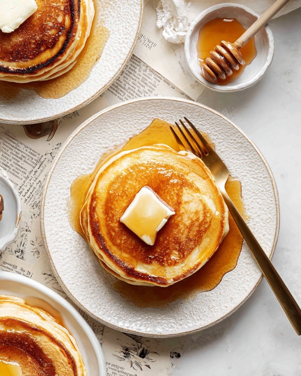 There is a stack of two golden-brown pancakes on a white plate with a textured rim, topped with a square of melting butter and drizzled with syrup. A gold fork lies diagonally on the plate beside the pancakes. Surrounding this are parts of two more stacks of pancakes on white plates with textured rims, each also topped with melting butter and syrup. In the upper right corner, there is a small white plate holding a honey dipper with honey on it. The whole scene is set on a white marbled surface with some small pieces of printed paper partially visible beneath the plates. Photo taken with an iphone --ar 4:5 --v 7
