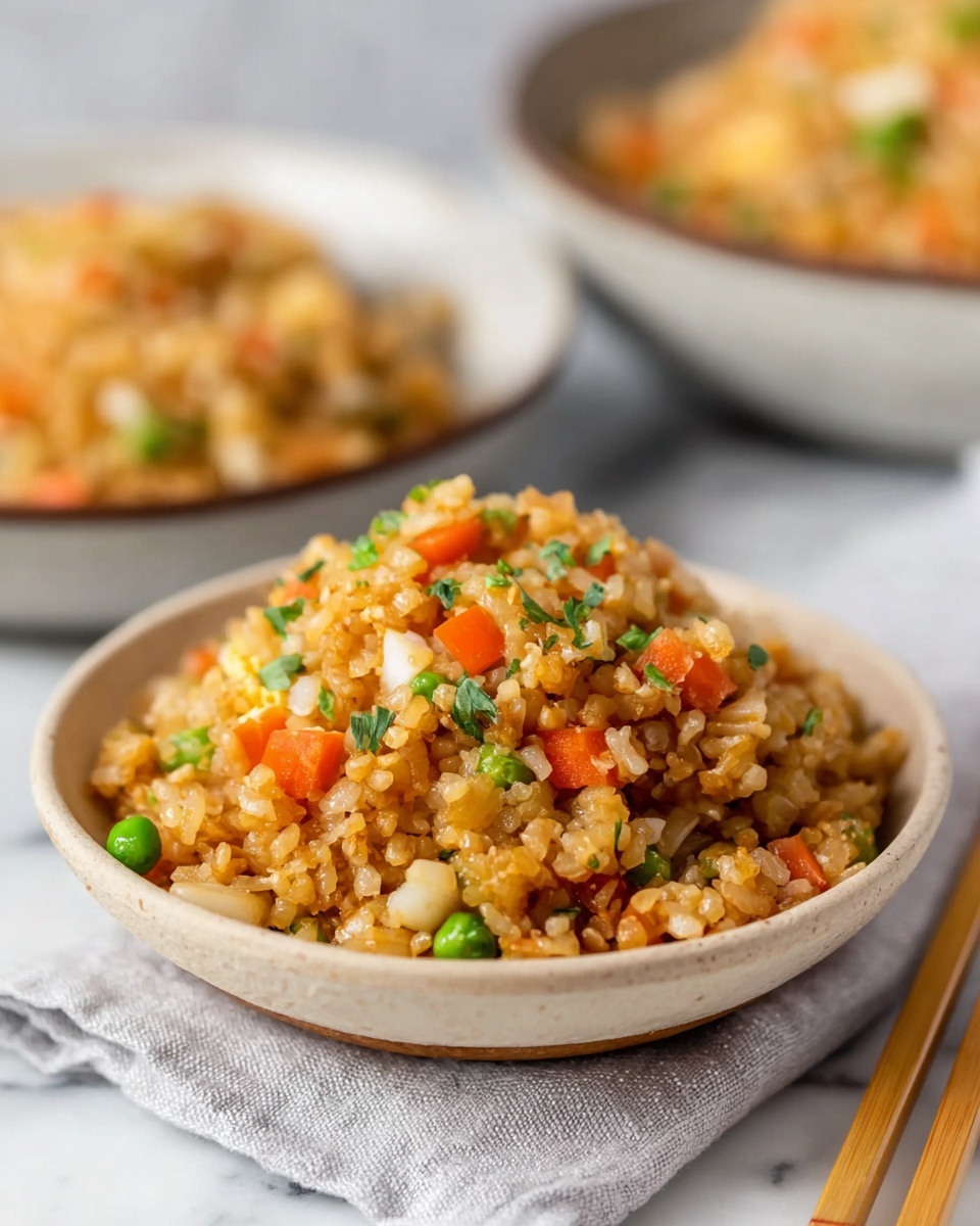 A close-up view of a bowl of fried rice showing three main layers: the bottom layer is a beige ceramic bowl set on a light gray cloth on a white marbled surface; the middle layer is a mix of textured rice grains with diced orange carrots, small green peas, and bits of translucent white onions distributed evenly throughout; the top layer is the rice mixture slightly mounded with a speckled look from the vegetables and herbs. In the background, there is a blurry glimpse of a second bowl with the same fried rice, maintaining the depth of field and focus on the main bowl. A pair of pale wooden chopsticks rest on the cloth beside the bowl. Photo taken with an iphone --ar 4:5 --v 7