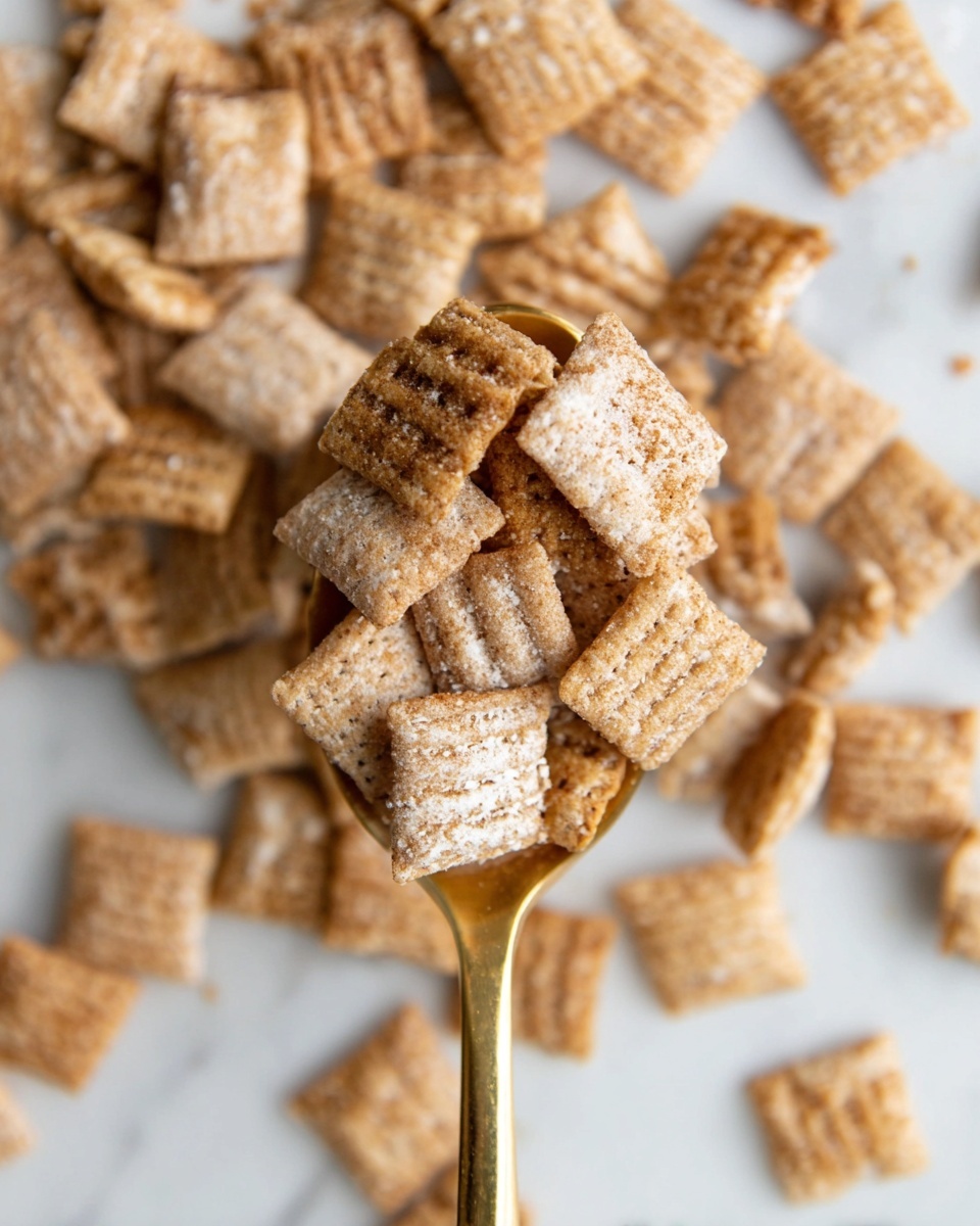 A close-up view of small square cereal pieces layered on a white spoon. The cereal pieces are light brown with a slightly rough texture and visible specks of sugar and cinnamon. The spoon holds about five cereal squares stacked unevenly, showing crisp edges and a mix of smooth and grainy surfaces. More similar cereal squares are scattered around the spoon on a white marbled surface, with soft lighting highlighting their crunchy texture. photo taken with an iphone --ar 4:5 --v 7