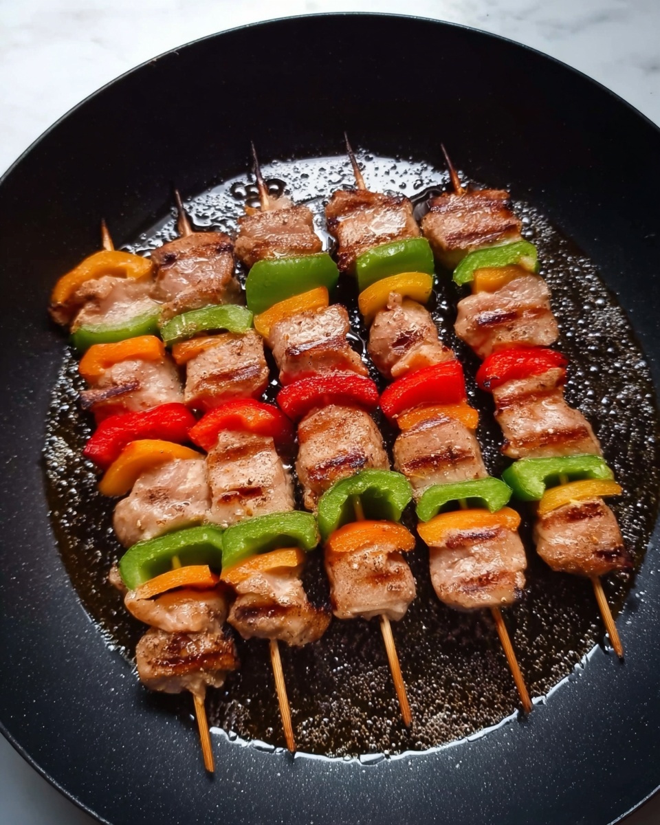 The image shows six wooden skewers with pieces of light brown cooked meat and colorful peppers grilled together in a black pan. Each skewer has five layers of meat in the center, flanked by green bell pepper pieces at the bottom and red and orange pepper pieces spaced between the meat. The meat looks juicy with a slight shine, and the peppers add bright color contrast. There is some bubbling oil around the skewers in the pan, which sits on a white marbled surface. photo taken with an iphone --ar 4:5 --v 7