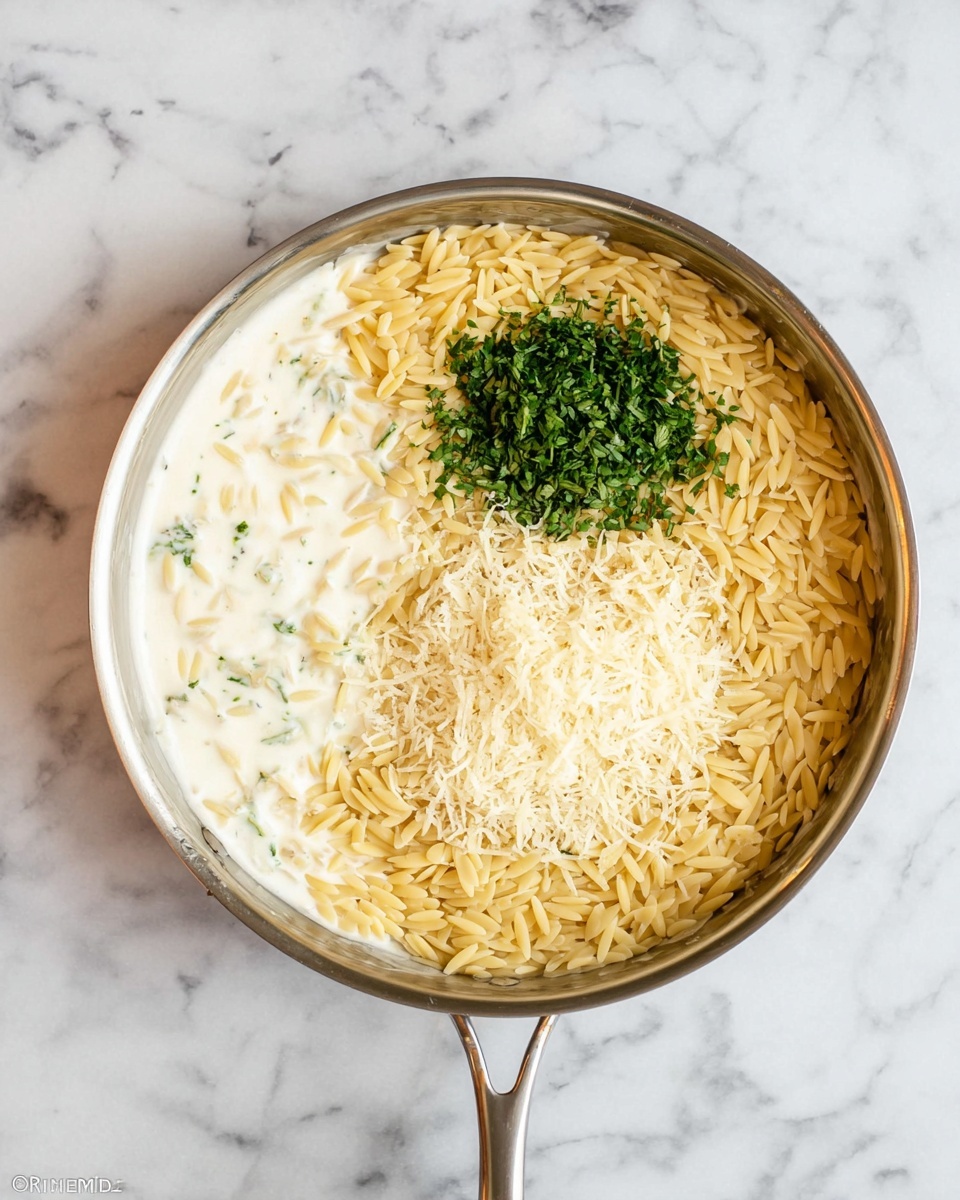 A metal pan is filled with three main layers: the bottom layer is small, light yellow orzo pasta spread evenly in a circle, the middle layer is white creamy sauce covering about half of the orzo, and on top of the sauce there are two small piles, one of finely chopped green herbs slightly on the right side and another of pale grated cheese, both sitting on the pasta. The pan rests on a white marbled surface. Photo taken with an iphone --ar 4:5 --v 7