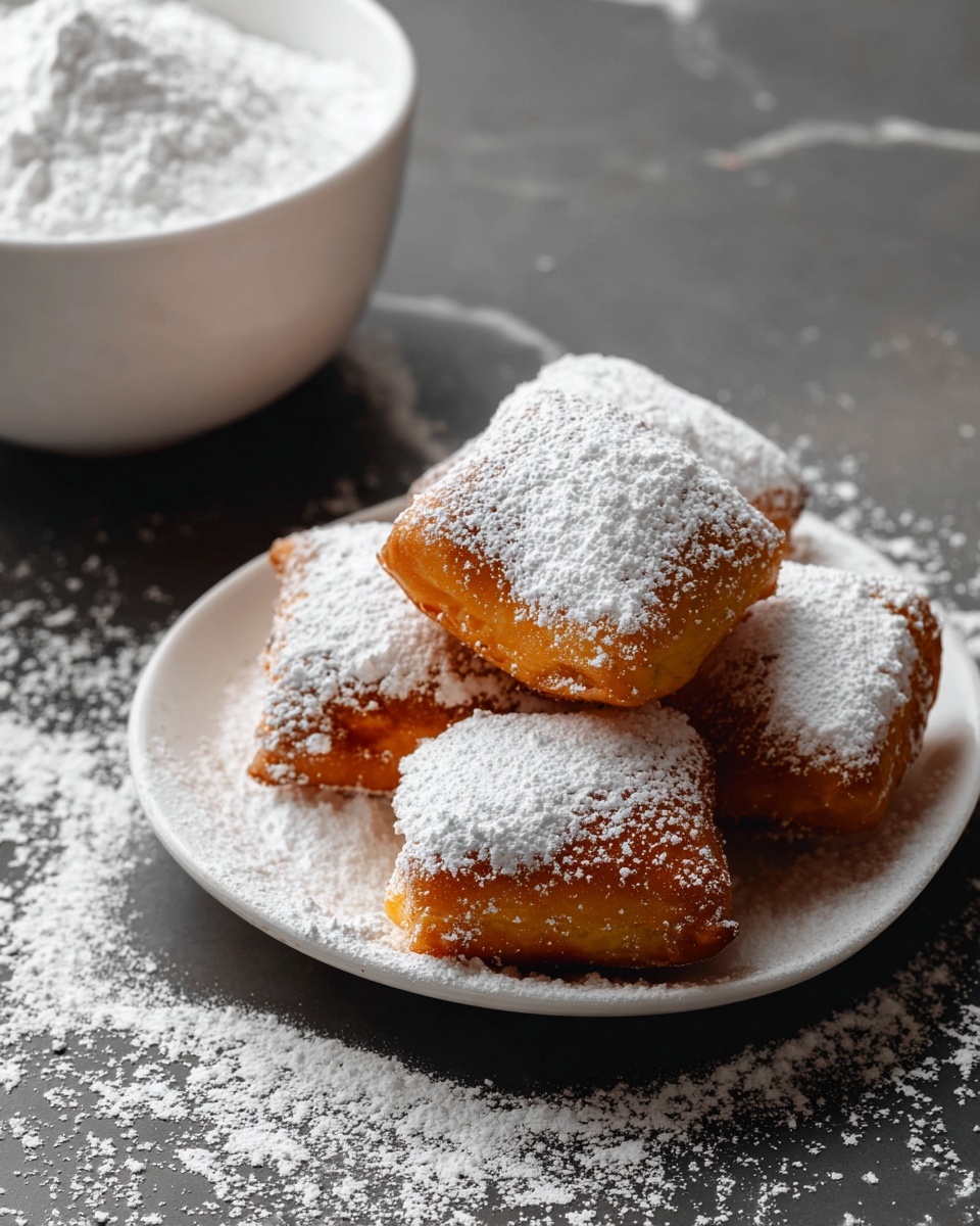 A white plate holds a stack of six golden-brown square pastries, each dusted thickly with white powdered sugar, creating a soft, snowy texture on top and around the plate. The pastries look fluffy and light with uneven crisp edges, arranged in a small pile where some sit flat and others slightly tilted on top. Behind the plate, there is a white bowl filled with more powdered sugar, contrasting with the dark surface beneath. The background and surface have a white marbled texture that adds a clean, bright feel to the image. photo taken with an iphone --ar 4:5 --v 7