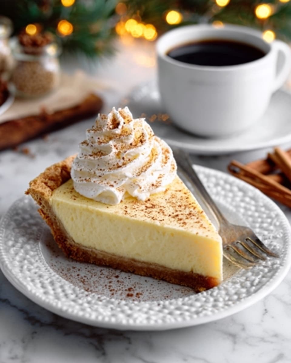 The image shows a slice of light yellow creamy pie with a golden brown crust on the bottom and edges, placed on a white decorative plate with small embossed patterns. On top of the pie slice, there is a swirl of white whipped cream sprinkled with light brown cinnamon or nutmeg powder. A small fork is placed on the right side of the plate. In the background, there is a white cup filled with dark coffee sitting on a matching white saucer, blurred fairy lights glowing softly, and some cinnamon sticks on the right side. The surface is a white marbled texture. The photo was taken with an iphone --ar 4:5 --v 7