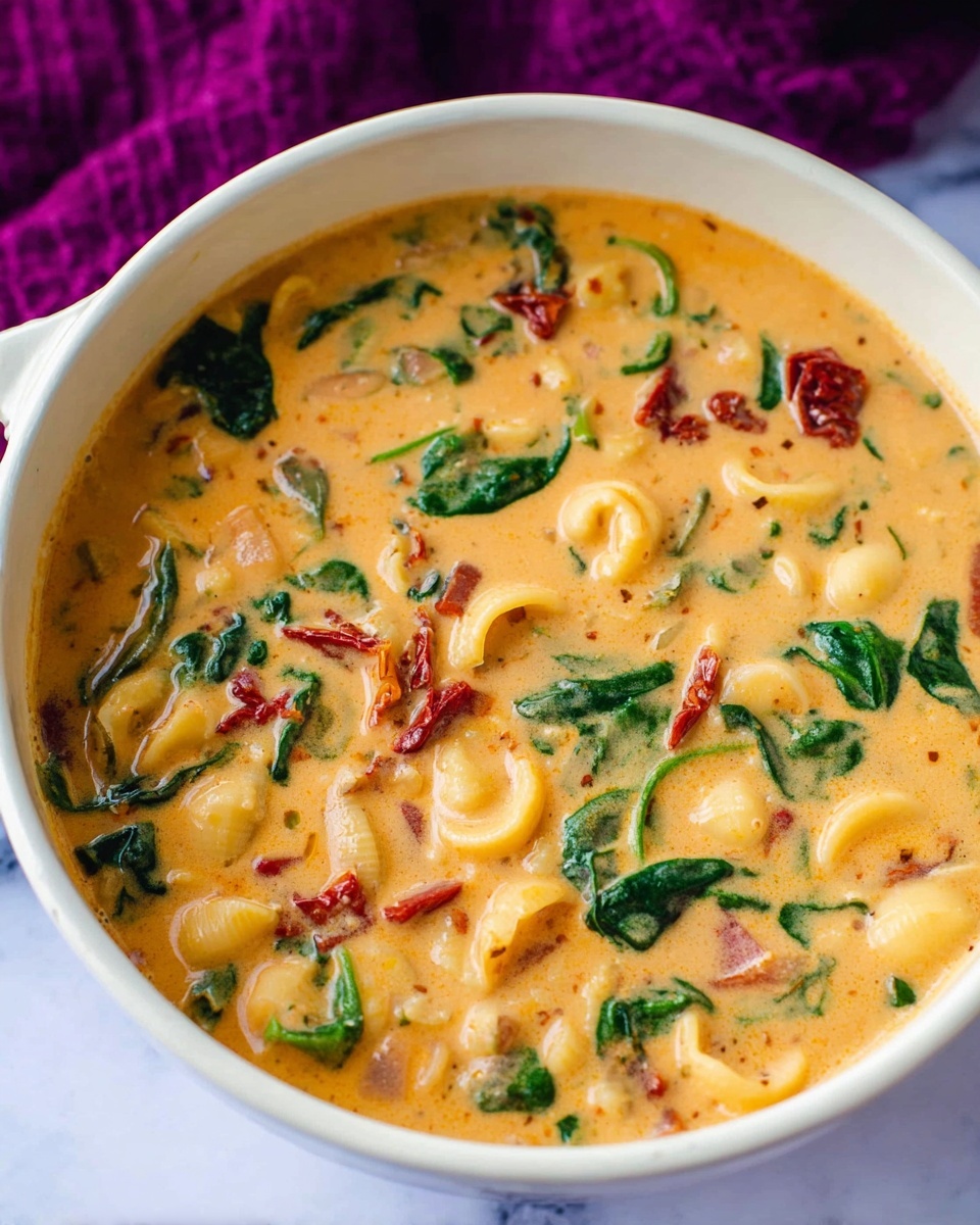 This image shows a white bowl filled with creamy orange soup that has bits of bright green spinach leaves and chunks of red sun-dried tomatoes scattered throughout. The soup is thick with small pasta shells mixed inside, giving a textured look. The bowl sits on a white marbled surface with a blurred purple cloth in the background. Photo taken with an iphone --ar 4:5 --v 7