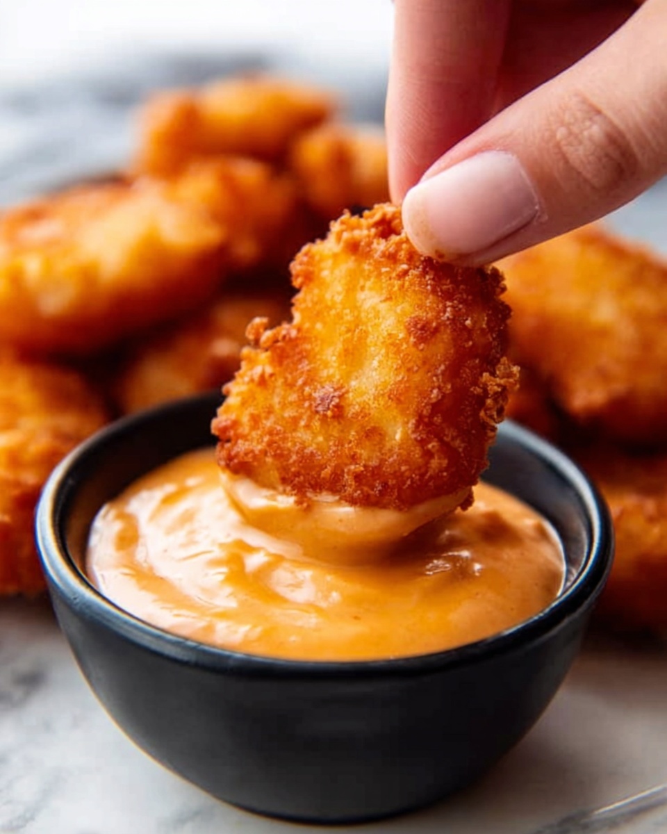 A close-up of a white woman's hand holding a golden fried nugget above a small black bowl filled with thick, creamy orange dipping sauce. Several more golden nuggets are blurred in the background on a white marbled surface. The nugget's crispy texture is clear, with some rough brown edges and shiny spots from the frying. Photo taken with an iphone --ar 4:5 --v 7
