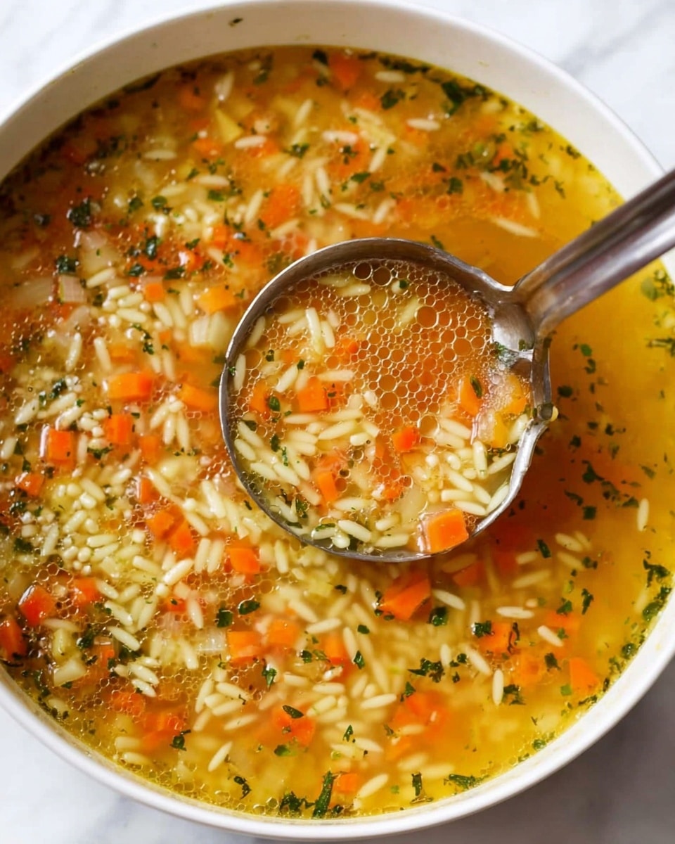 A large white bowl filled with vegetable soup is placed on a white marbled surface. The soup has a clear golden broth with small pieces of orange carrot cubes, small rice-like pasta bits, and green herbs sprinkled on top. A ladle filled with the soup is held by a pair of stainless steel tongs resting inside the bowl, lifting a portion showing the mix of broth, pasta, and carrots clearly. The soup has small bubbles and a slightly oily sheen on the surface. Photo taken with an iphone --ar 4:5 --v 7