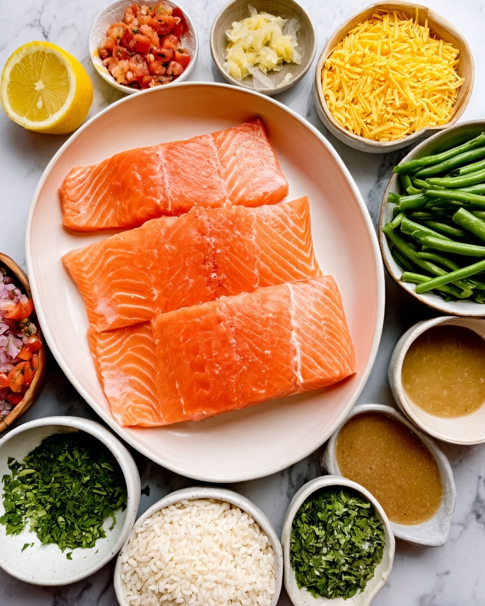 The image shows three fresh salmon fillets with a bright pink-orange color and smooth texture, placed in a white oval dish at the center. Surrounding the dish are small white bowls filled with various ingredients: cooked green beans on the top right, yellow mustard sauce top center, shredded cheese bottom right, brown broth bottom left, chopped tomatoes mixture on the bottom left, white rice bottom center-left, and green herbs in the middle bottom. There is also a lemon wedge on the left side of the image, all set on a white marbled surface. The photo taken with an iphone --ar 4:5 --v 7