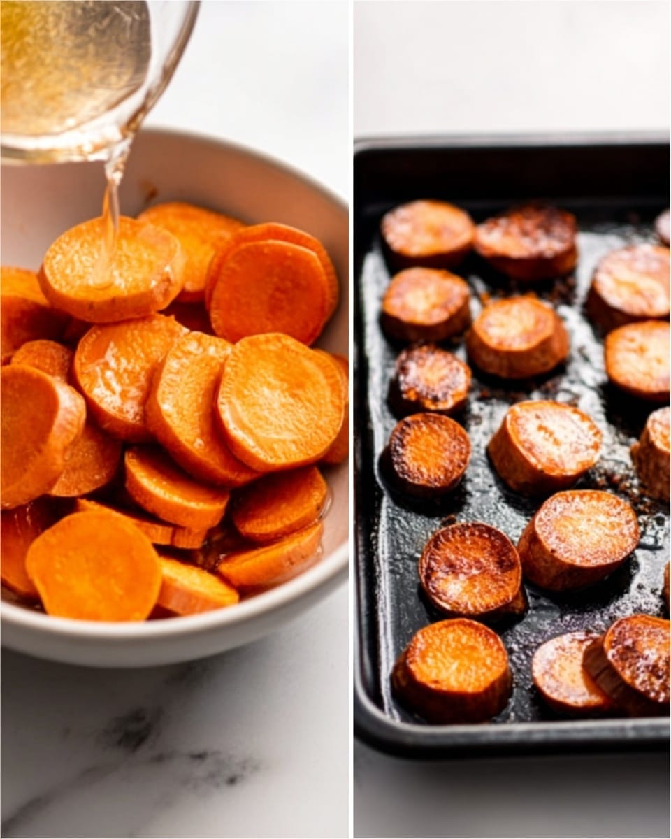 The image on the left shows a white bowl filled with thick slices of orange sweet potatoes. A woman's hand is pouring a clear liquid from above into the bowl. The background surface is a white marbled texture. The image on the right shows many cooked sweet potato pieces with a dark crispy texture, laid out on a dark baking tray. The background also has a white marbled texture. photo taken with an iphone --ar 4:5 --v 7