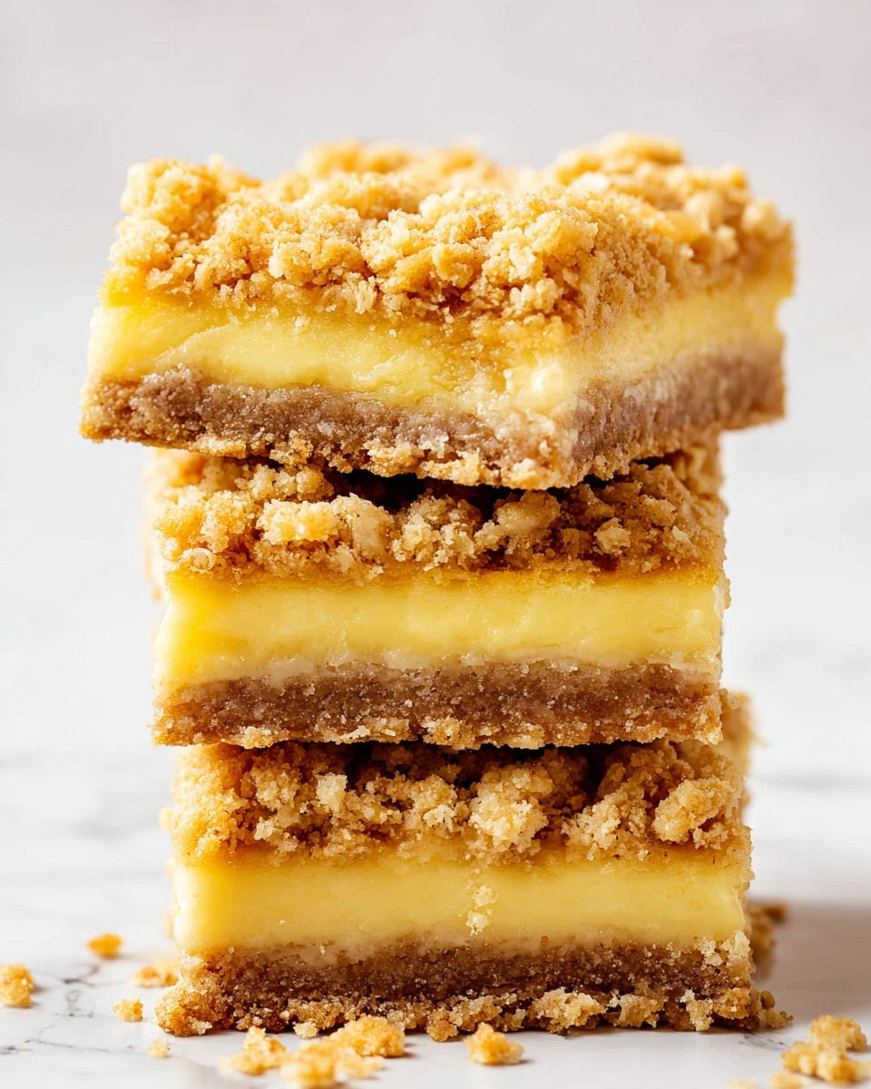 A stack of three dessert bars is shown against a white marbled background. Each bar has three layers: a bottom layer of light brown crumbly oat crust, a middle bright yellow creamy custard, and a top layer of golden crunchy oat crumble. The texture of the crust and crumble is rough and crumbly, while the custard layer is smooth and soft. The bars are thick and square-shaped, with some crumbs scattered around the base. Photo taken with an iphone --ar 4:5 --v 7