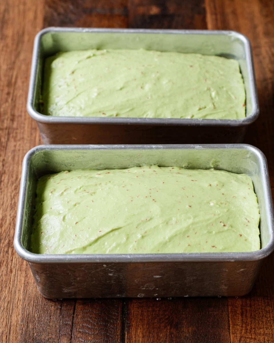 Two silver rectangular loaf pans each hold a single thick layer of pale green batter with a smooth, slightly textured surface and some faint brown spots mixed in; the pans sit on a wooden surface. Photo taken with an iphone --ar 4:5 --v 7