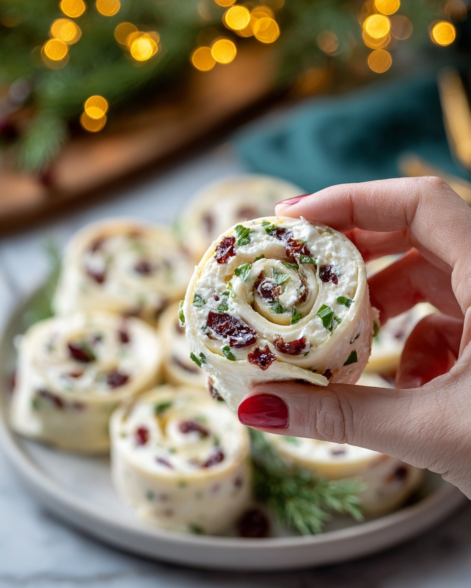 The image shows a white plate filled with eight round swirled pinwheels made from a light beige flatbread rolled with a thick layer of white creamy filling, scattered with small pieces of dark red cranberries and chopped green herbs throughout each swirl. The pinwheels are arranged in a slightly overlapping pattern on the plate, with a few whole fresh cranberries and small green pine needle sprigs placed around them for decoration. The background is a white marbled surface with some pine cones, greenery, and a small white bowl of cranberries visible, and warm string lights add a cozy touch. Photo taken with an iphone --ar 4:5 --v 7