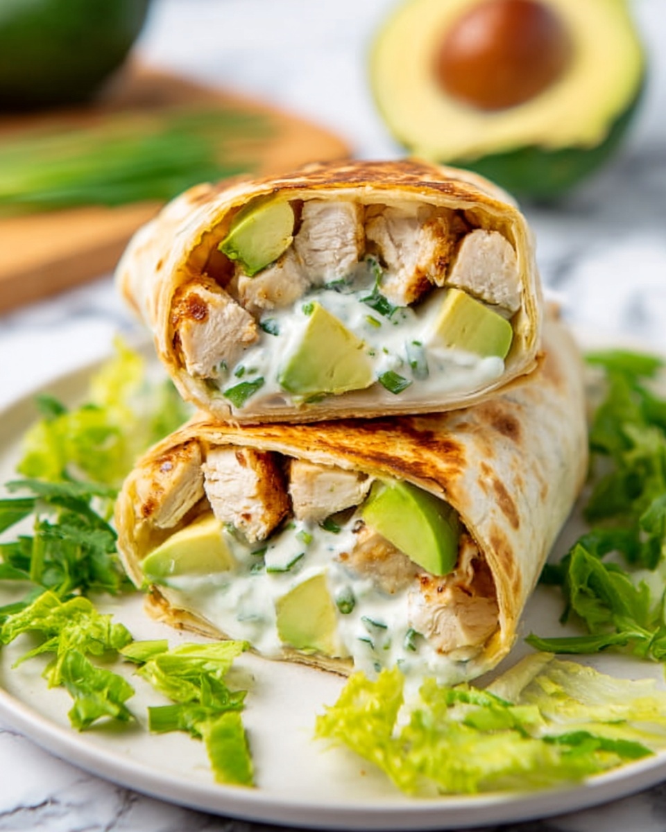 The image shows two halves of a tortilla wrap stacked on a white plate. Inside the wrap, there are three main layers: the bottom layer is grilled chicken pieces, the middle layer is fresh avocado slices, and the top layer is white creamy sauce with small green herbs mixed in. The wrap itself is golden brown and crispy on the outside. Around the plate, there are green lettuce leaves scattered, and part of a halved avocado is visible in the background on a white marbled surface. photo taken with an iphone --ar 4:5 --v 7
