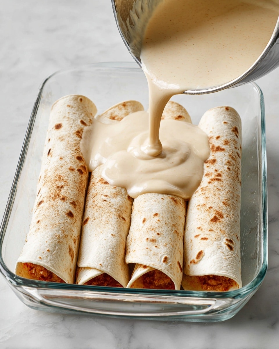 A clear glass baking dish holds four rolled tortillas filled with a reddish filling, placed closely side by side in a single layer. A pot is pouring a thick, light beige sauce over the tortillas, covering the top of the middle two. The tortillas have small brown spots on their soft surface. The scene is set on a white marbled texture. Photo taken with an iphone --ar 4:5 --v 7