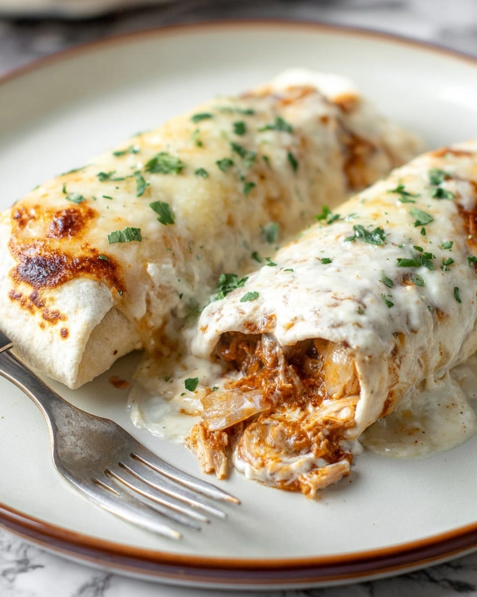 Two rolled tortillas covered in a creamy white sauce with melted cheese on top, sprinkled with small green herb pieces. One tortilla is slightly torn, showing the inside filled with shredded light brown meat and bits of cooked onions in a thick sauce. The tortillas have some browned spots on the sauce, giving a warm texture. They lie on a white plate with a thin brown rim, next to a silver fork. The background is a white marbled texture. Photo taken with an iphone --ar 4:5 --v 7