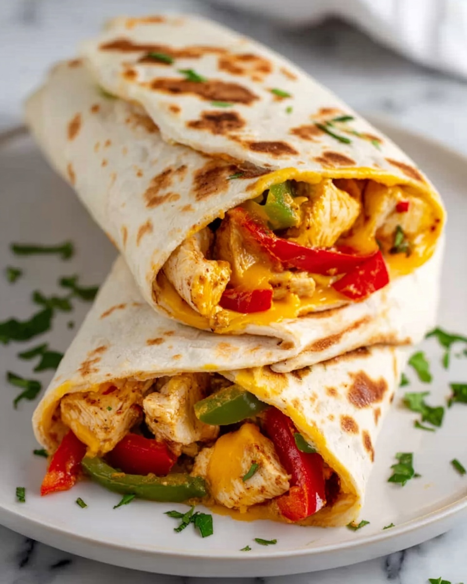 The image shows two soft, lightly toasted wraps placed on a white plate on a white marbled surface. Each wrap is folded and filled with chunky pieces of cooked chicken, bright red and green bell peppers, and melted yellow cheese. Small green herbs are sprinkled on and around the wraps, adding a fresh touch. The wraps have slight brown grill marks, and the filling is slightly spilling out, showing the layers clearly. photo taken with an iphone --ar 4:5 --v 7