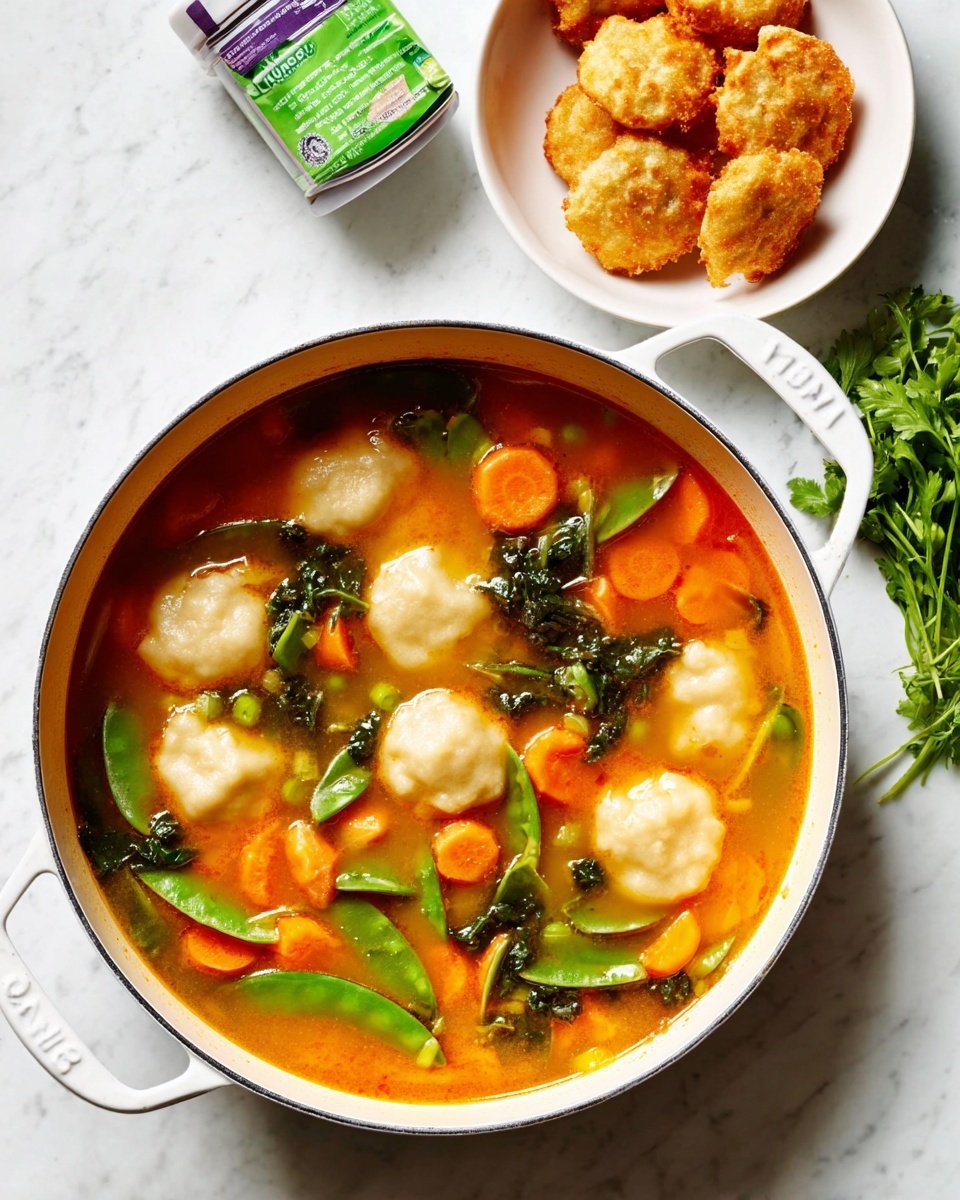 A white pot filled with a bright orange broth soup, containing several round dumplings slightly floating and soft in texture. Green vegetables and orange carrot slices are dispersed throughout the soup, adding a fresh contrast to the warm broth. To the upper side of the pot, there is a small white bowl filled with more dumplings, appearing crispy and golden brown. Nearby, a small container with a green lid can be seen, along with a bunch of fresh green herbs on a white marbled surface. photo taken with an iphone --ar 4:5 --v 7
