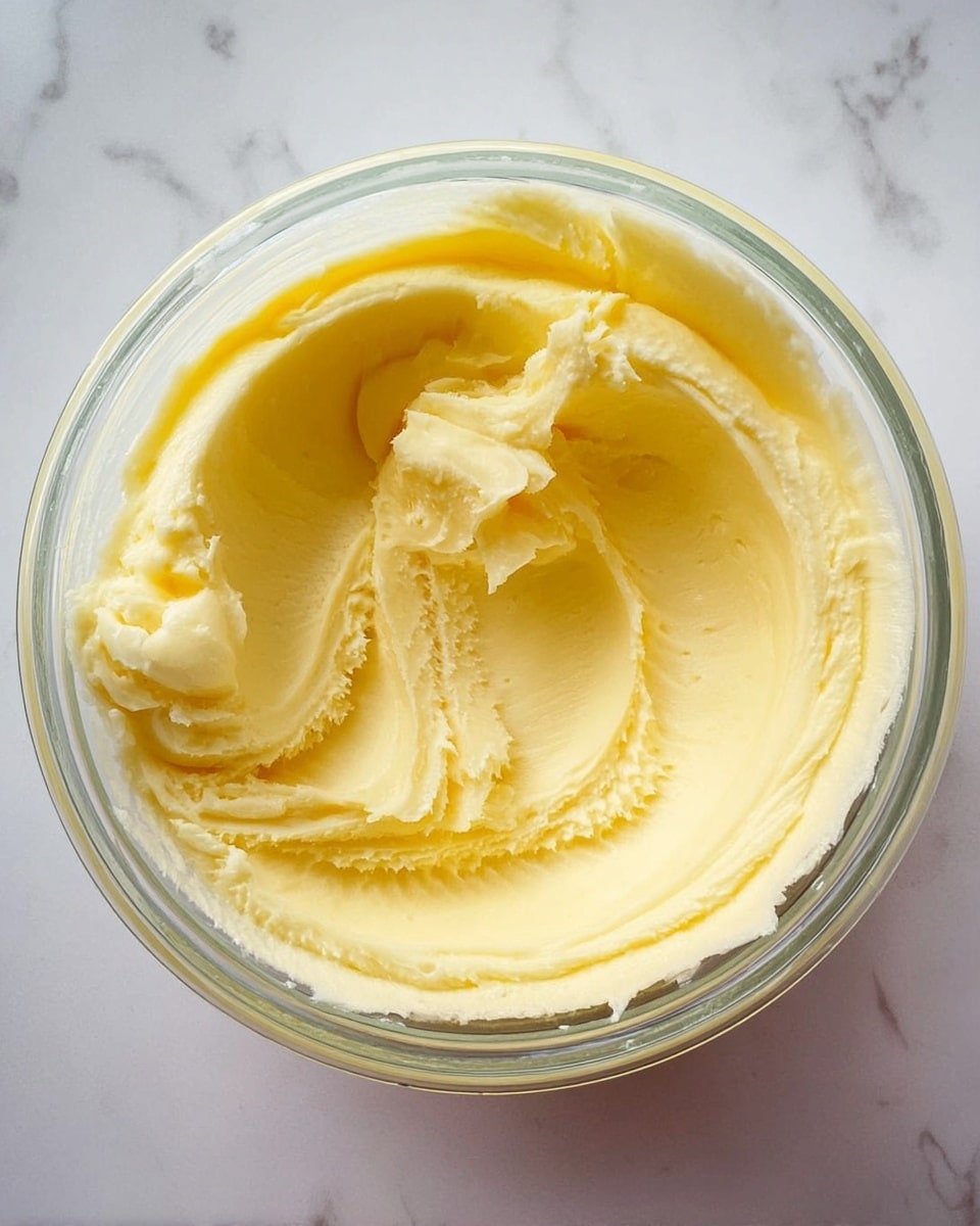 A round clear glass bowl is filled with smooth, creamy yellow butter, showing a soft scoop taken from the center. The butter has a rich texture with gentle swirling marks and fluffy edges around the scoop area. The bowl sits on a white marbled surface that adds a clean and bright background. photo taken with an iphone --ar 4:5 --v 7