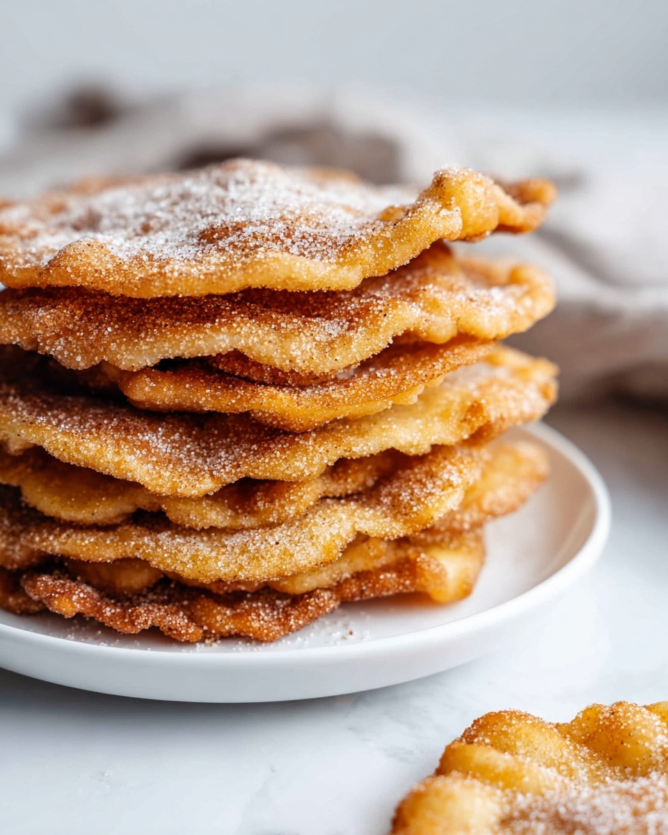 A stack of seven golden-brown fried flat pastries with crunchy, uneven edges sits on a white plate. Each pastry layer shows bubbles and light crisp textures with a dusting of white sugar and cinnamon powder on top, adding a sparkly effect. To the bottom right, a single pastry lies flat on the white marbled surface. The background features a blurred neutral cloth, creating a soft setting. Photo taken with an iphone --ar 4:5 --v 7