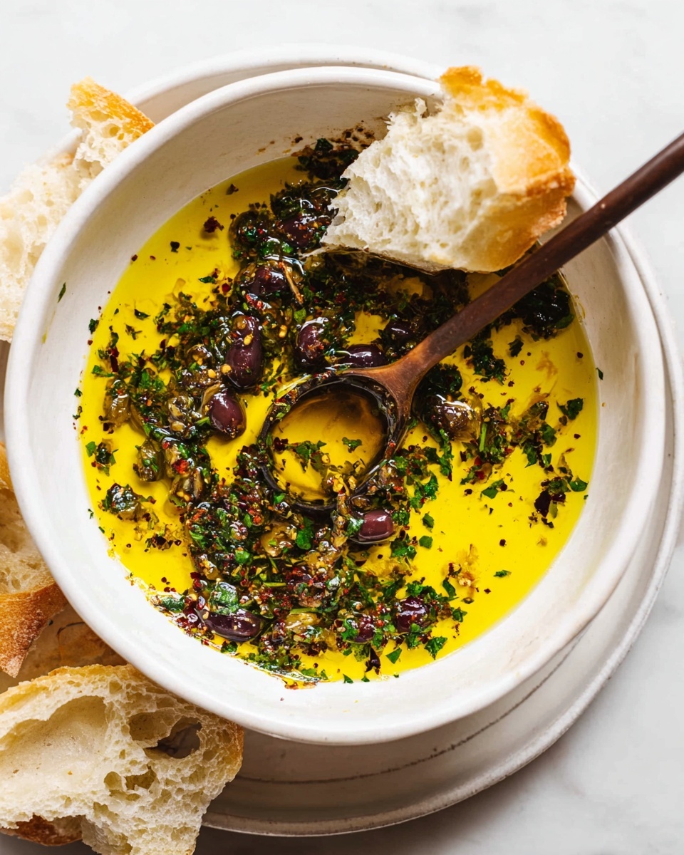 A white bowl filled with a bright yellow olive oil layer at the top, mixed with small chopped green and dark purple olives and herbs that scatter through the oil mainly in the bottom half. A small wooden spoon with olive oil and herbs rests in the bowl on the right side. Two torn pieces of crusty white bread are partially dipped into the oil on the left edge of the bowl. The bowl sits on a white marbled surface with another white plate underneath it. Photo taken with an iphone --ar 4:5 --v 7