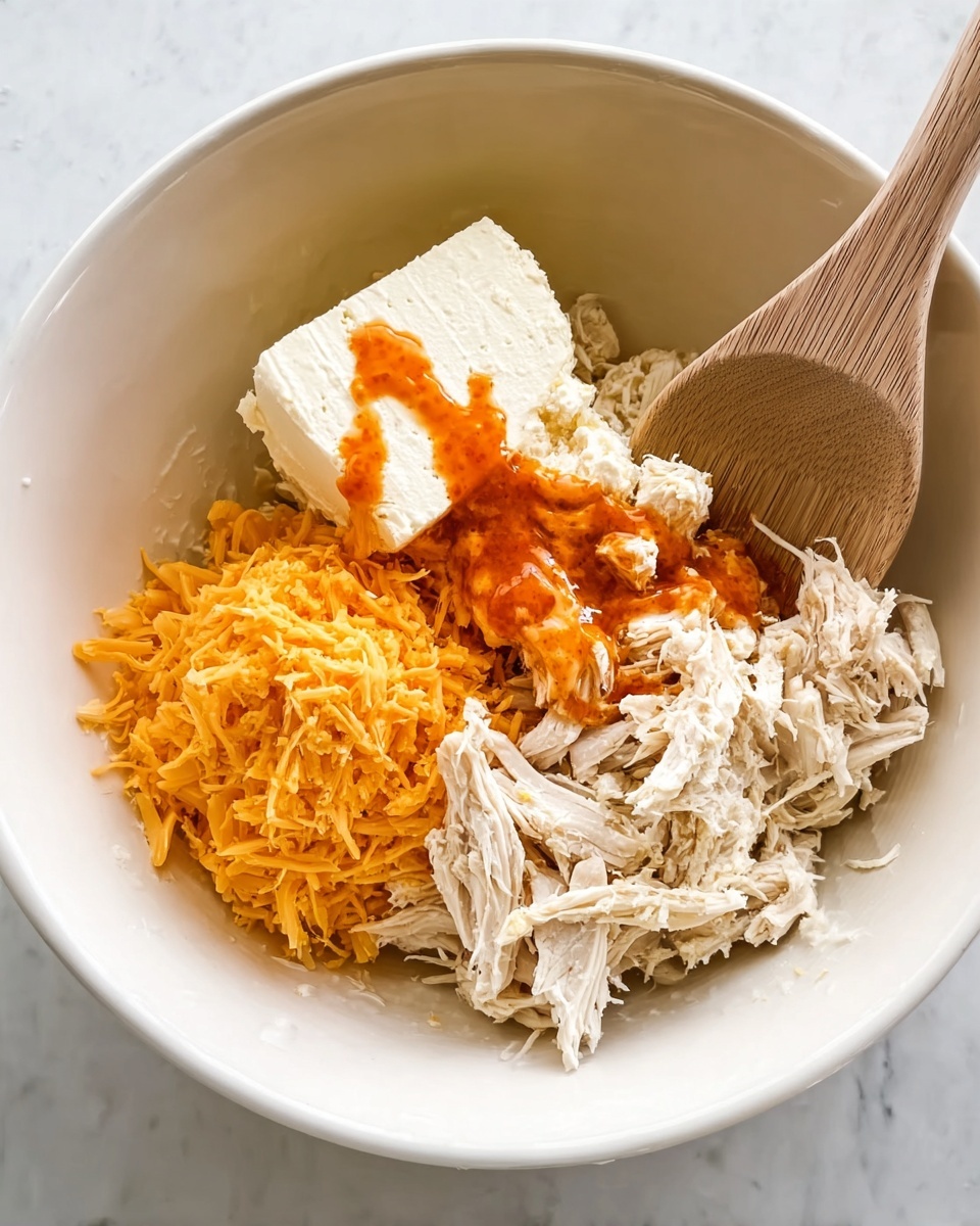 Inside a large white bowl on a white marbled surface, there are four separate layers of ingredients: a pile of shredded white chicken pieces spreading over the bottom right and lower center, a bright orange pile of shredded cheddar cheese in the upper center, a dense block of cream white cream cheese on the left side, and an uneven splash of bright orange hot sauce over the chicken near the center. A wooden spoon with a smooth texture rests on the right side inside the bowl. Photo taken with an iphone --ar 4:5 --v 7