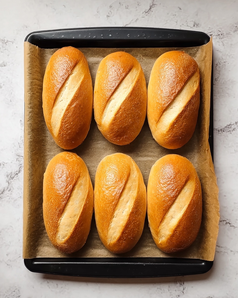 Six golden brown bread rolls are lined up side by side on a black baking tray covered with parchment paper. Each roll has two diagonal slashes on top showing a light cream soft inside beneath the smooth, shiny crust. The tray is on a white marbled surface that contrasts with the warm tones of the rolls. The rolls are evenly spaced and their tops have a slightly glossy texture that suggests they were brushed with egg wash before baking. photo taken with an iphone --ar 4:5 --v 7