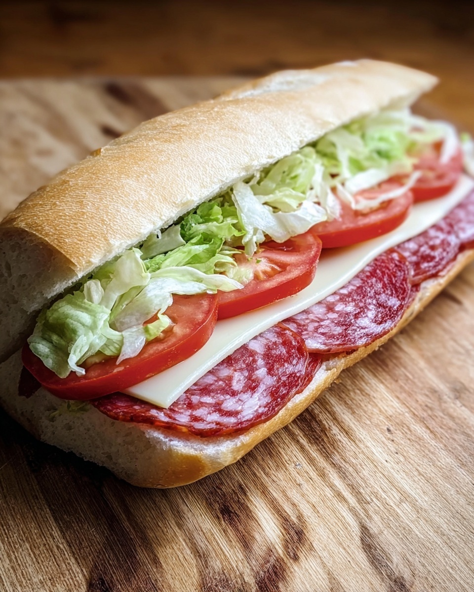 A sandwich on a long soft bread split in half showing four main layers. The bottom layer has thin, round slices of red and white speckled salami, slightly overlapping each other. Above that are two slices of smooth white cheese, followed by three bright red tomato slices. The top layer is fresh, shredded light green lettuce spread evenly. The sandwich rests on a wooden surface with natural grain patterns. photo taken with an iphone --ar 4:5 --v 7