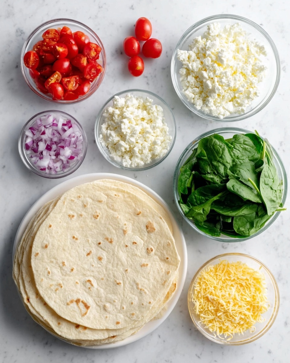 The image shows a white marbled surface with ingredients arranged neatly. On the bottom left, there are soft, round flour tortillas stacked in a white plate. Around it, five small clear glass bowls hold different ingredients: finely chopped red onions, crumbly white cheese, small bright red halved cherry tomatoes, fine grated yellow cheese, and fresh green spinach leaves. The ingredients are vibrant and fresh, each bowl standing out clearly on the bright background. The scene is well-lit and clean. Photo taken with an iphone --ar 4:5 --v 7