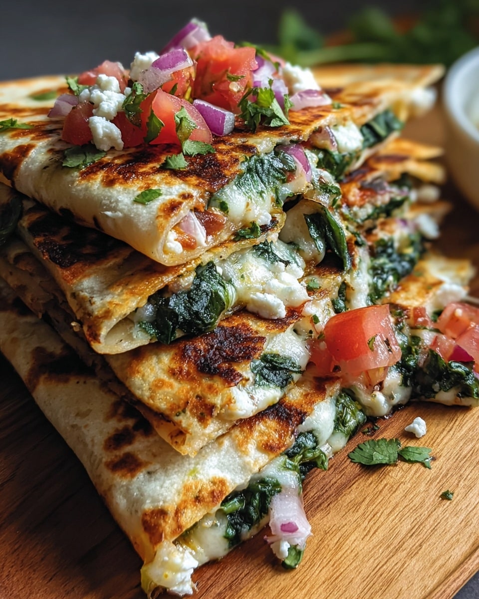 The image shows a stack of golden brown quesadillas cut into triangles placed on a wooden board. Each quesadilla has two main layers of soft, slightly charred tortillas with melted white cheese and dark green leafy spinach inside. On top, there are scattered bits of bright red diced tomatoes, small pieces of purple onion, and crumbled white cheese, all mixed with some green cilantro leaves. The close-up view highlights the crispy texture and fresh toppings. Photo taken with an iphone --ar 4:5 --v 7