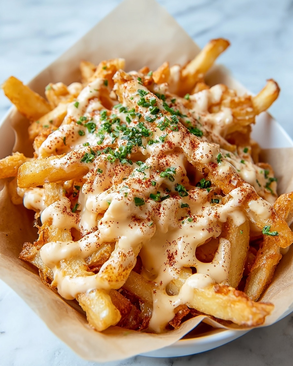The image shows a white rectangular dish filled with melted cheese that is gooey and stringy as a woman’s hand holds a fork lifting a bundle of it, with golden brown roasted pieces underneath. The dish is placed on a white marbled surface, and there is a small round white bowl of dipping sauce blurred in the background. The cheese layer is thick and creamy white, while the roasted pieces beneath are a mix of deep orange and brown colors, adding texture and warmth to the dish. photo taken with an iphone --ar 4:5 --v 7
