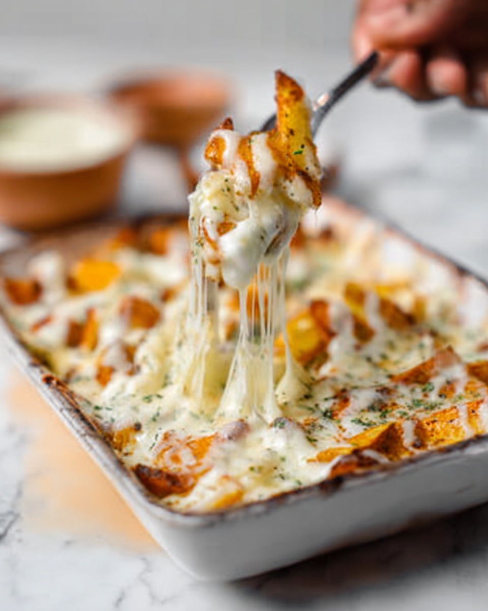 A white bowl lined with light brown parchment paper holds a pile of golden crispy fries with a rough texture. The fries are covered with a creamy, light beige sauce drizzled all over, adding smoothness. On top, a sprinkle of finely chopped green herbs and a dusting of reddish-brown seasoning create small pops of color across the dish. The bowl sits on a white marbled surface. Photo taken with an iphone --ar 4:5 --v 7